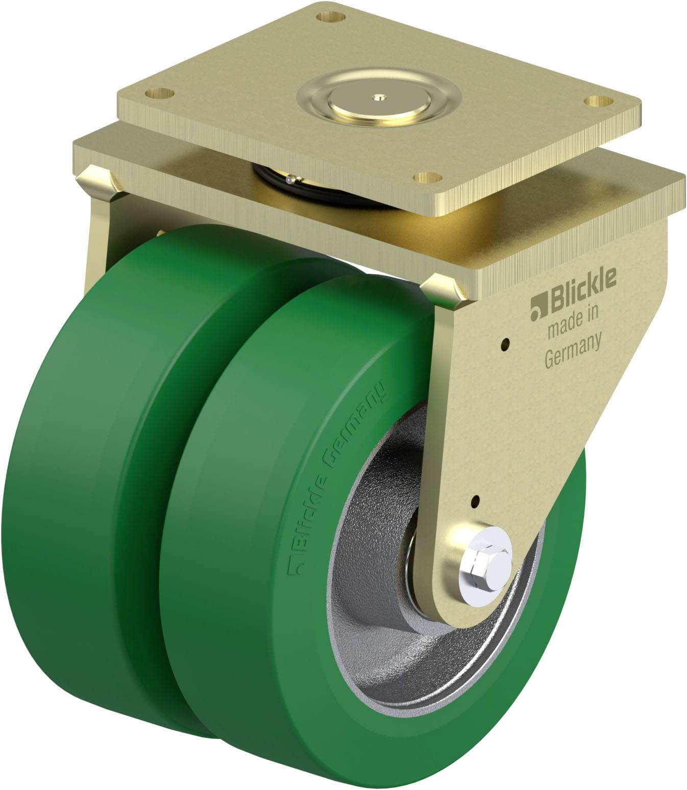 Schwerlastrad mit doppelten grünen Rollen und goldener Halterung, Aufschrift 'Blickle, made in Germany', robustes Industriedesign.