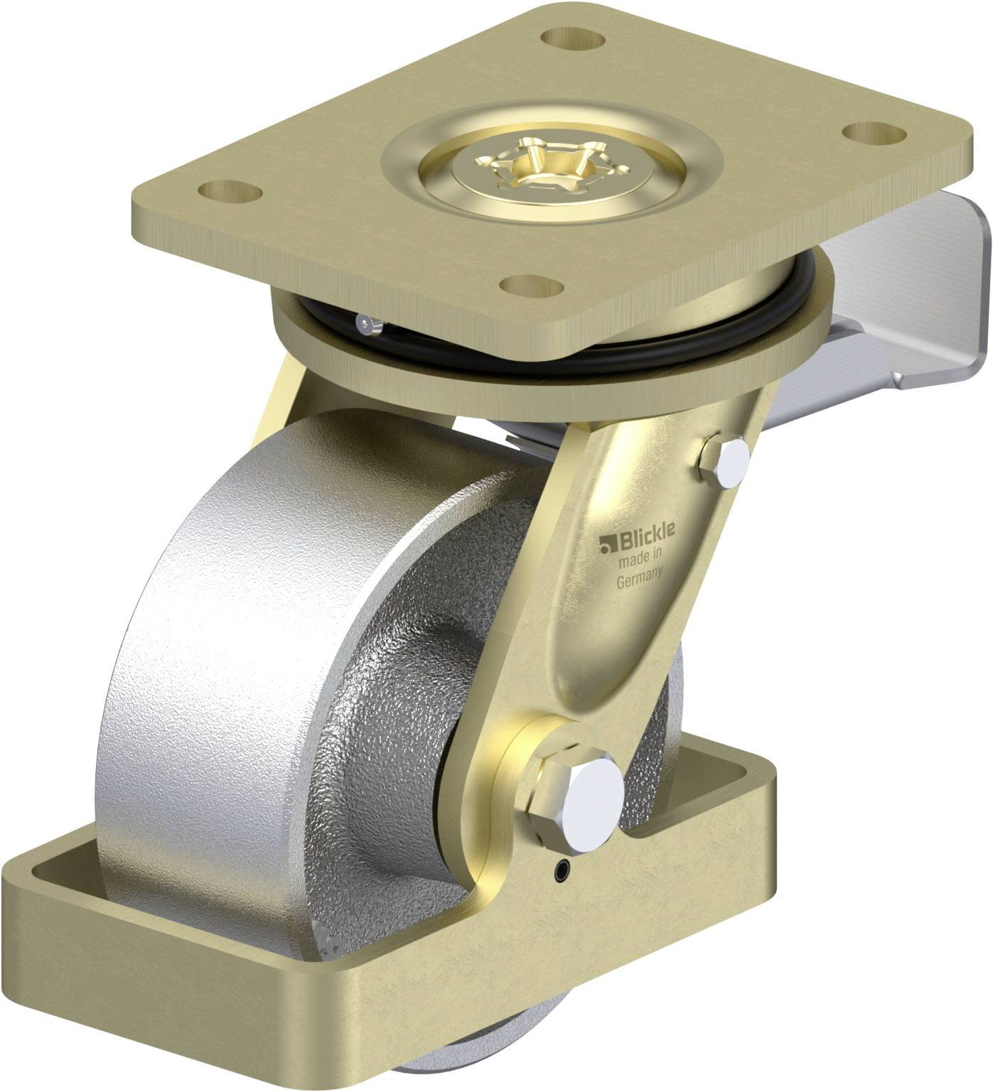 Eine schwere Lenkrolle aus Metall mit rechteckiger Montageplatte. Sie hat eine glänzende, robuste Konstruktion für industrielle Anwendungen.