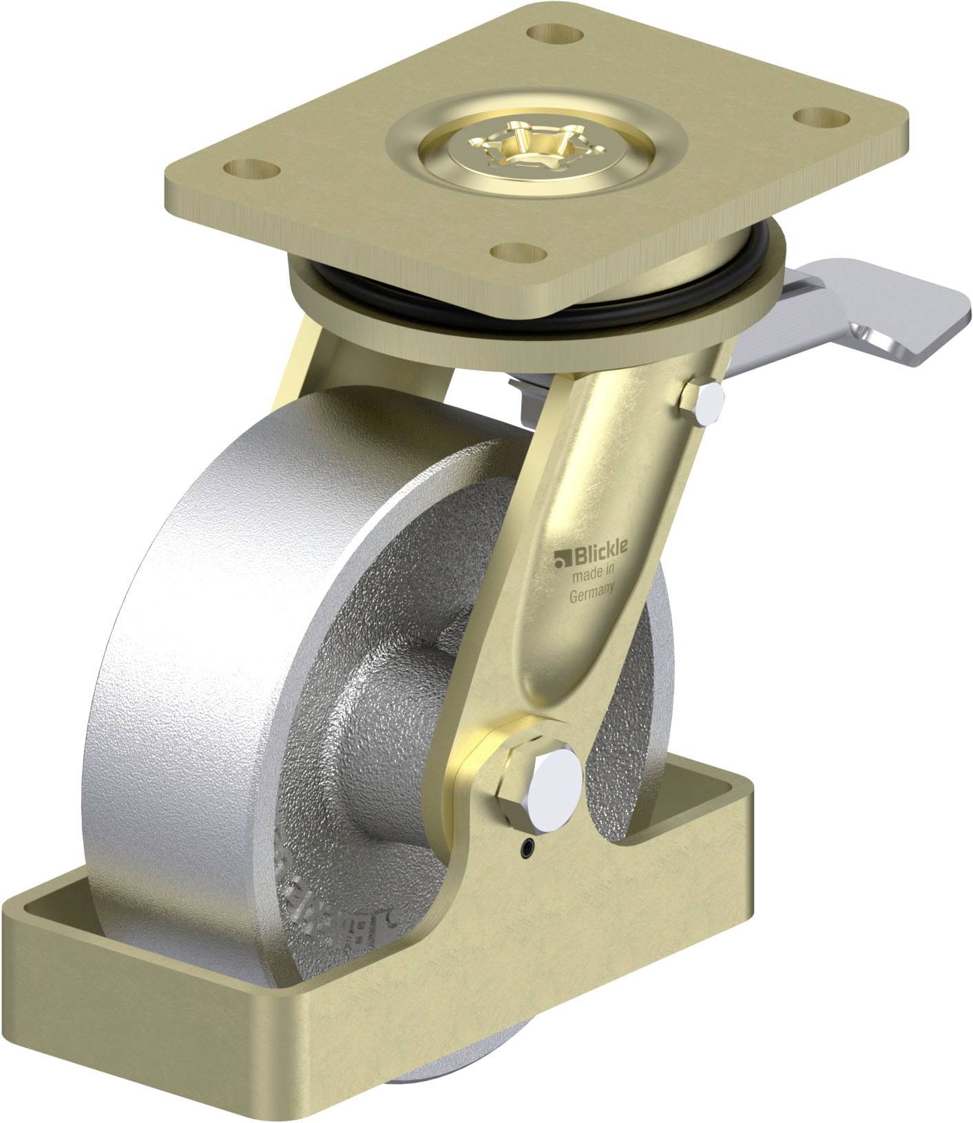 Schwenkrolle aus Metall mit Bremse und Montagesockel. Robust konstruiert für schwere Lasten, geeignet für industrielle Anwendungen.