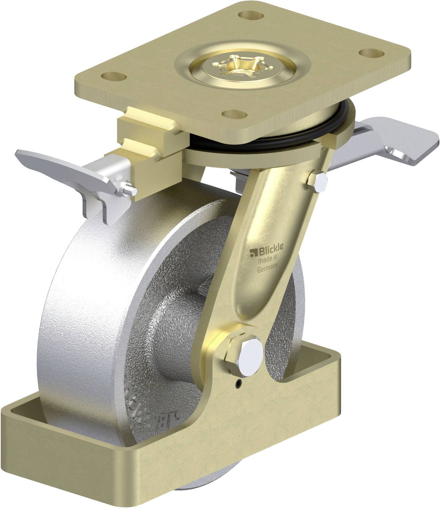 Schwenkrolle mit goldfarbenem Gehäuse und silbernem Rad, geeignet für Möbel oder Transportgeräte.