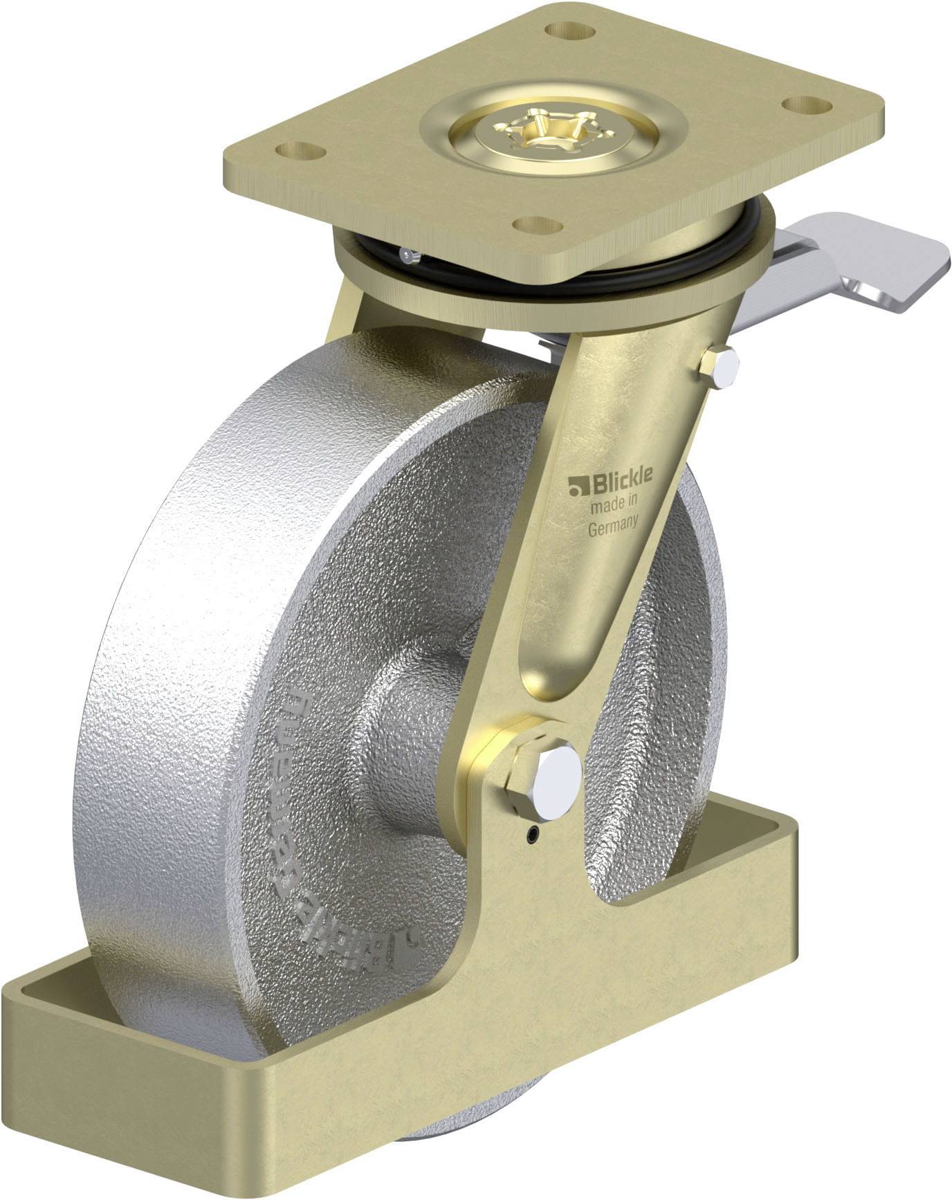 Industrie-Lenkrolle aus Metall mit Platte zur Befestigung und Bremse an der Seite. Geeignet für schwere Lasten in industriellen Anwendungen.