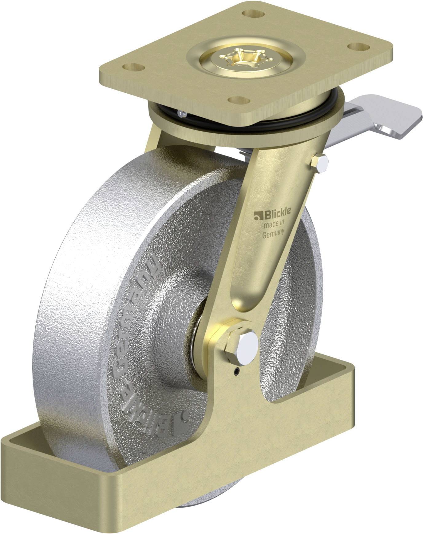 Industriewalze mit Metallgehäuse und Drehgelenk. Sie hat eine breite, silberne Rolle und eine goldfarbene Platte zur Befestigung.