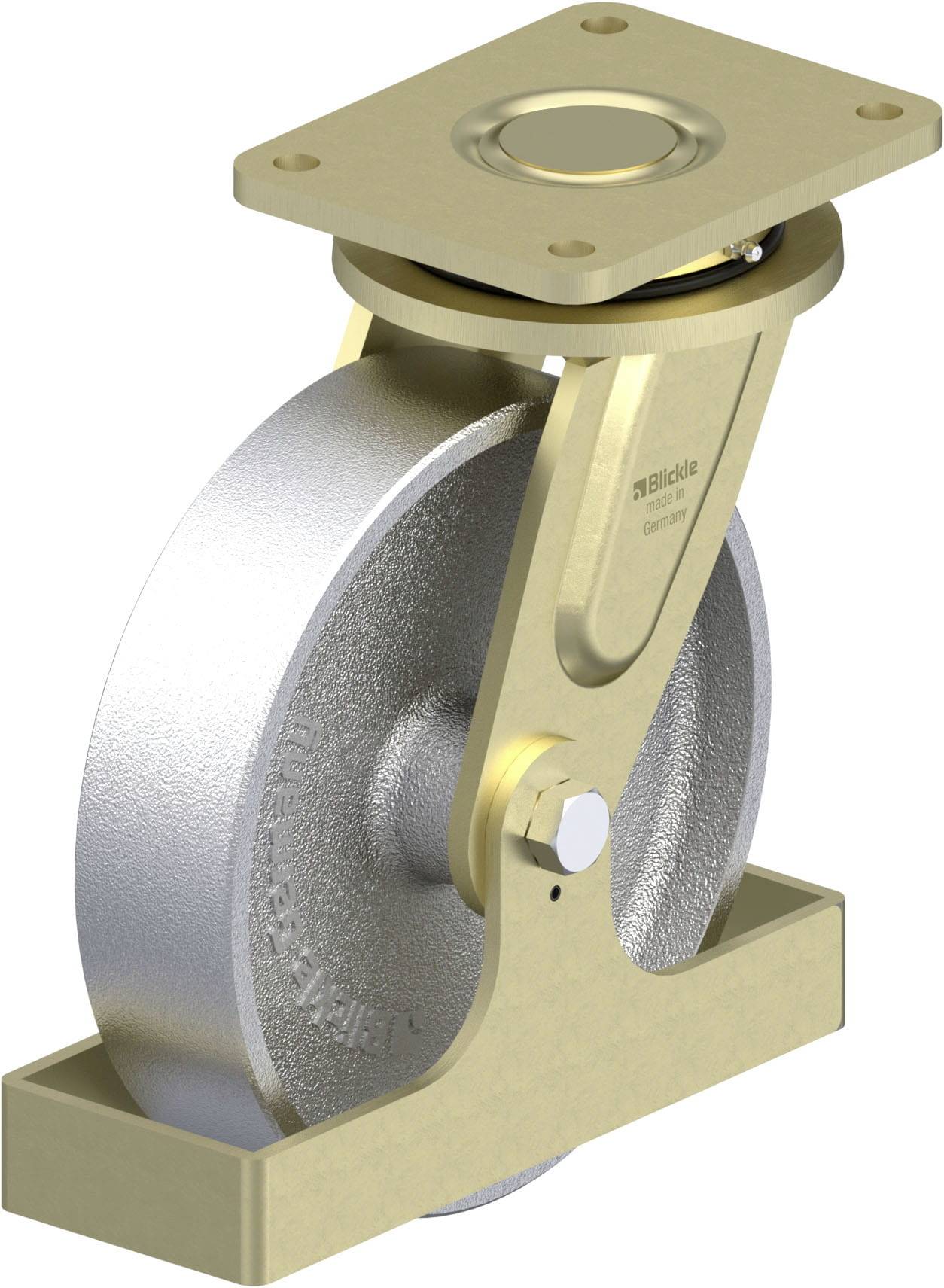 Einzelnes goldfarbenes Schwerlastlenkrolle mit quadratischer Montageplatte und silbernem Rad, geeignet für industrielle Anwendungen.