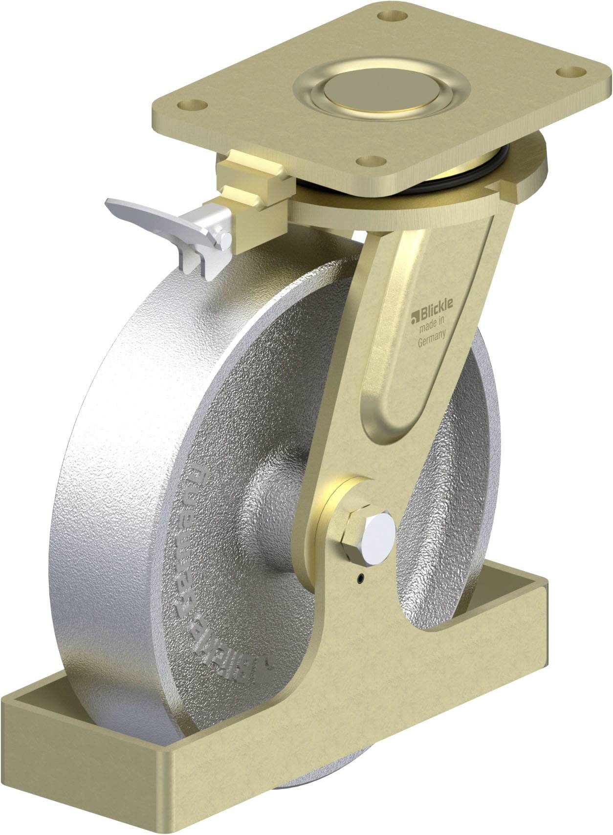 Industriewalze mit Metallrahmen und Scheibenbremse, geeignet für schwere Maschinen. Hochwertige Konstruktion, robust und langlebig.
