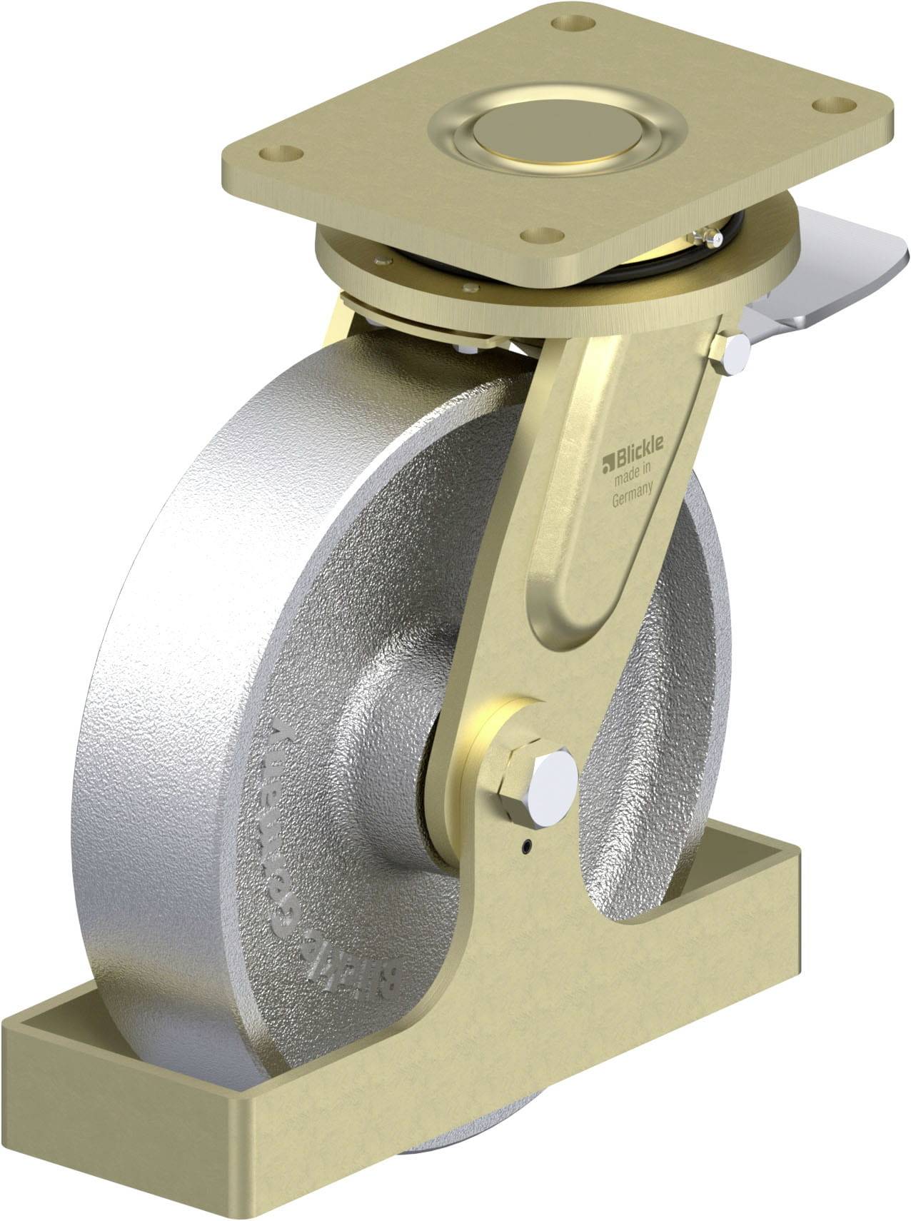 Schwenkrolle mit Metallgehäuse und großer Radaufnahme, sichtbar ist eine Platte zur Befestigung und Teile eines Bremssystems.