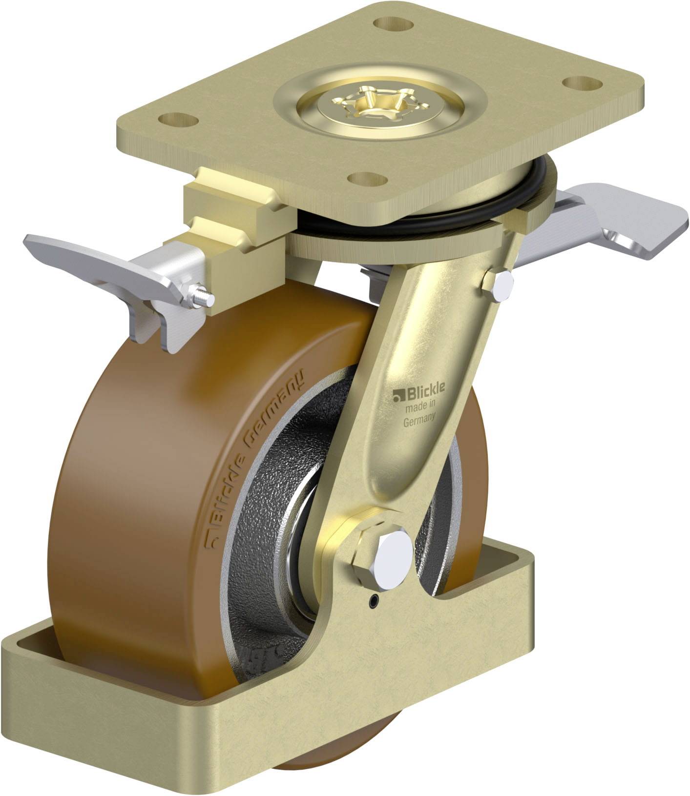 Ein drehbares Möbelrad aus Metall und Kunststoff mit Bremse. Es besteht aus einem runden Rad in einer Halterung, ideal für Transportwagen.