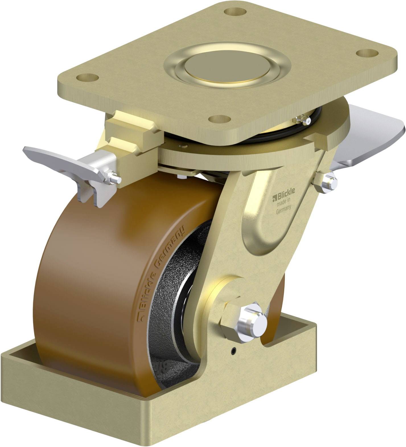 Ein robustes, goldfarbenes Schwerlastrad mit Bremse und drehbarer Montagestelle für Industrieanwendungen.