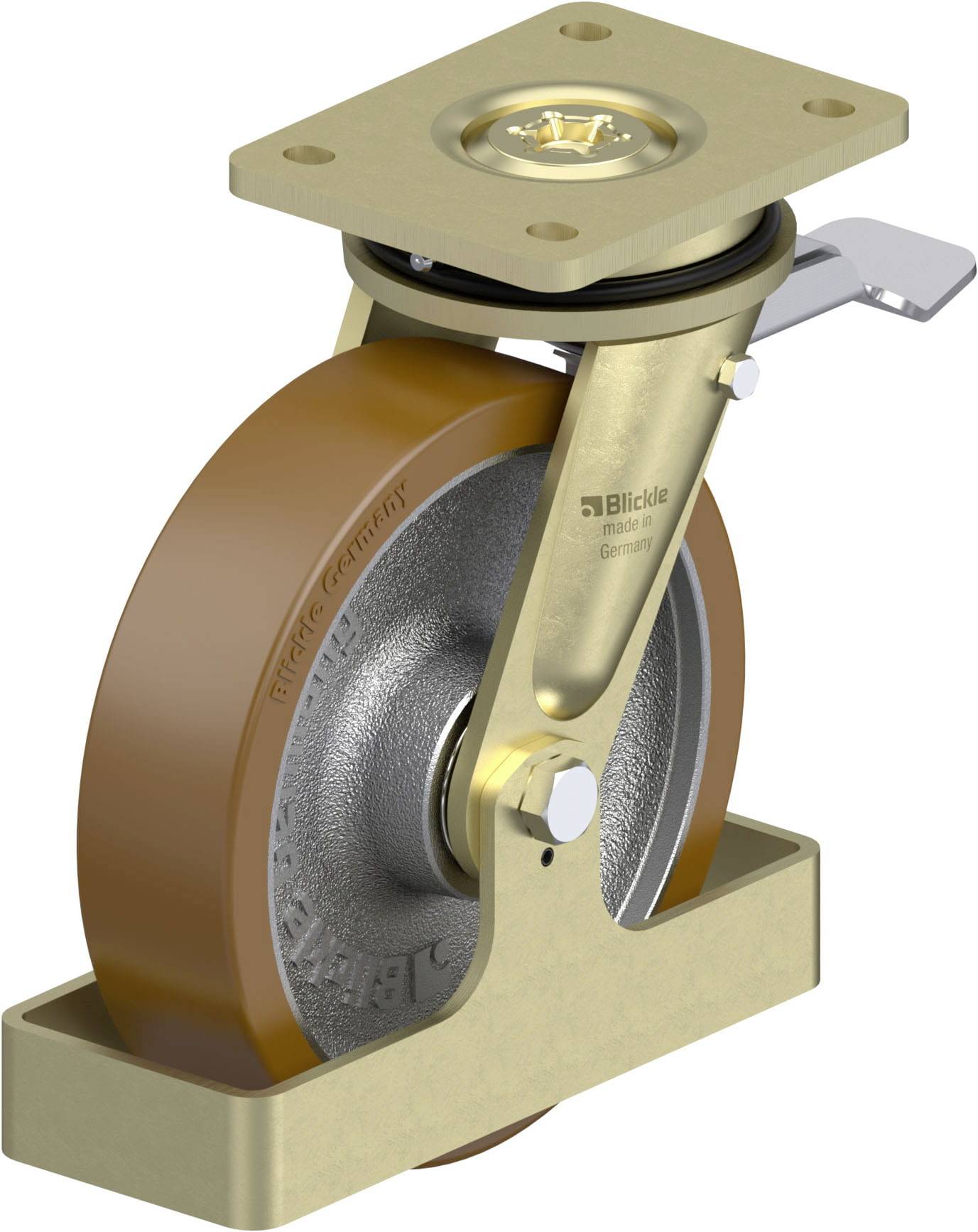 Schwerlastrolle mit braunem Rad und goldfarbenem Gehäuse, geeignet für industrielle Anwendungen. Drehbar mit Metallplatte zur Befestigung.