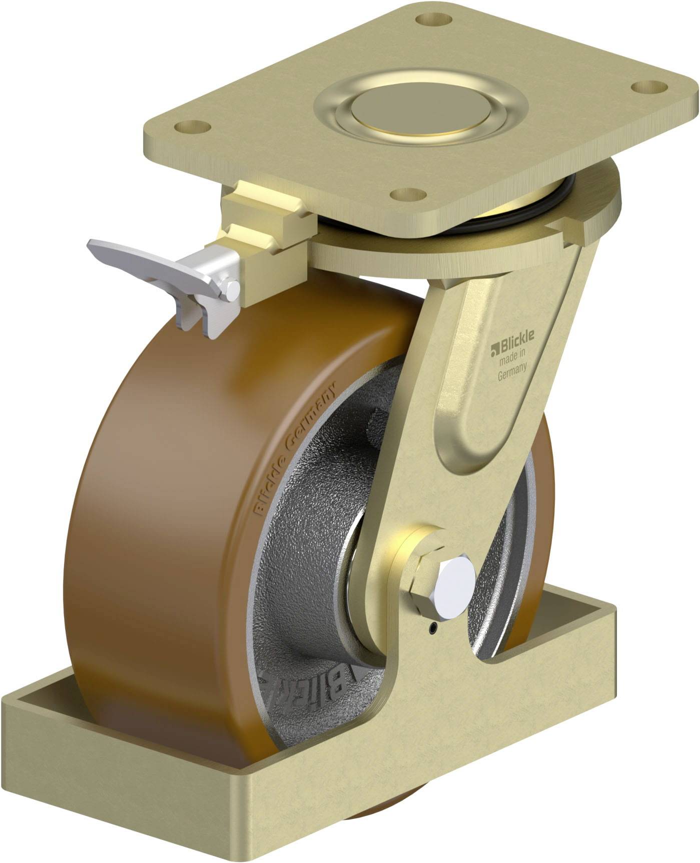 Industrie-Rolle mit braunem Rad und goldener Halterung, geeignet für Schwerlastanwendungen. Sie verfügt über eine Befestigungsplatte oben.