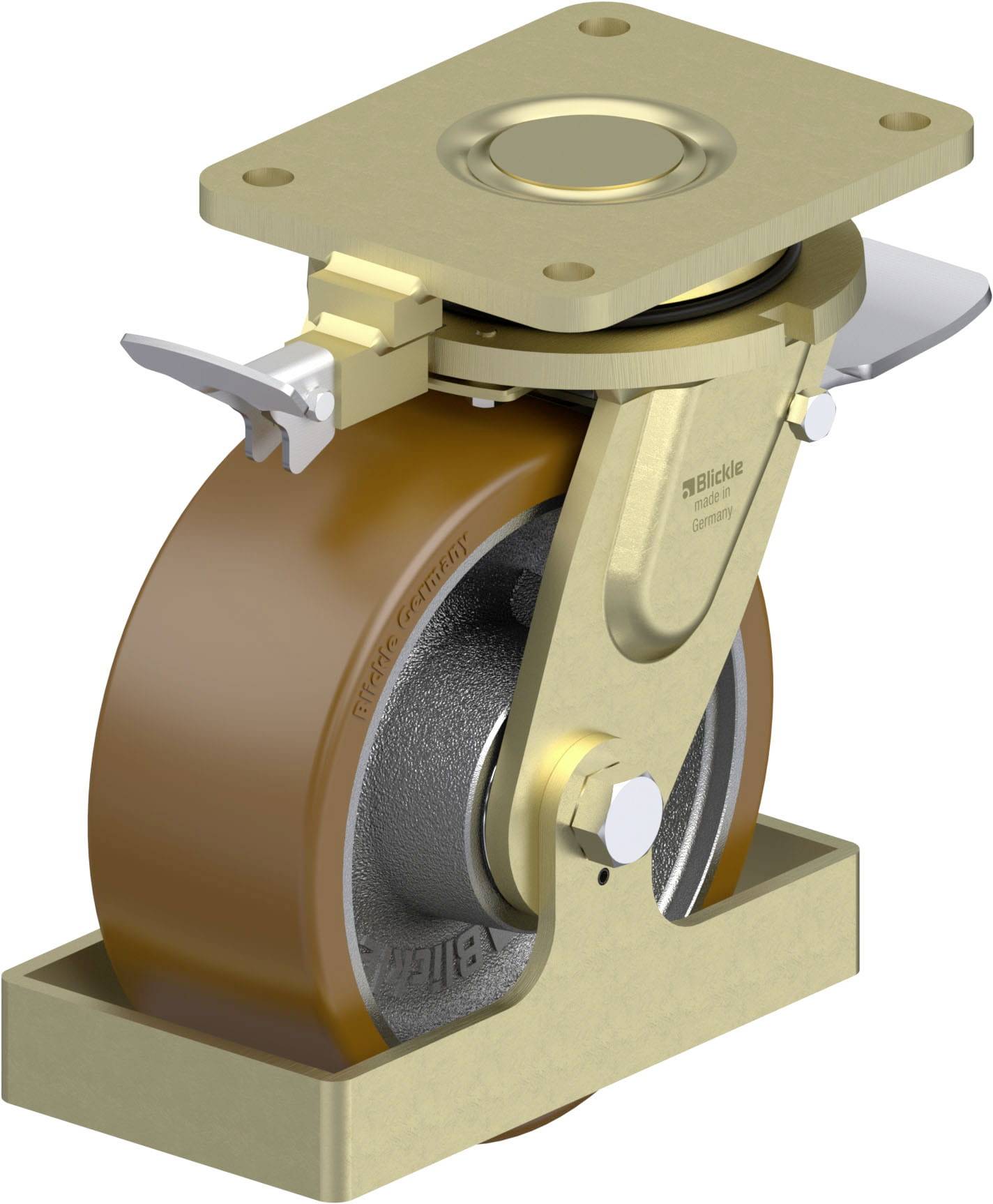 Industrie-Drehrolle aus Metall mit einer braunen Rolle. Verfügt über eine Aufnahmeplatte und einen Feststellmechanismus.