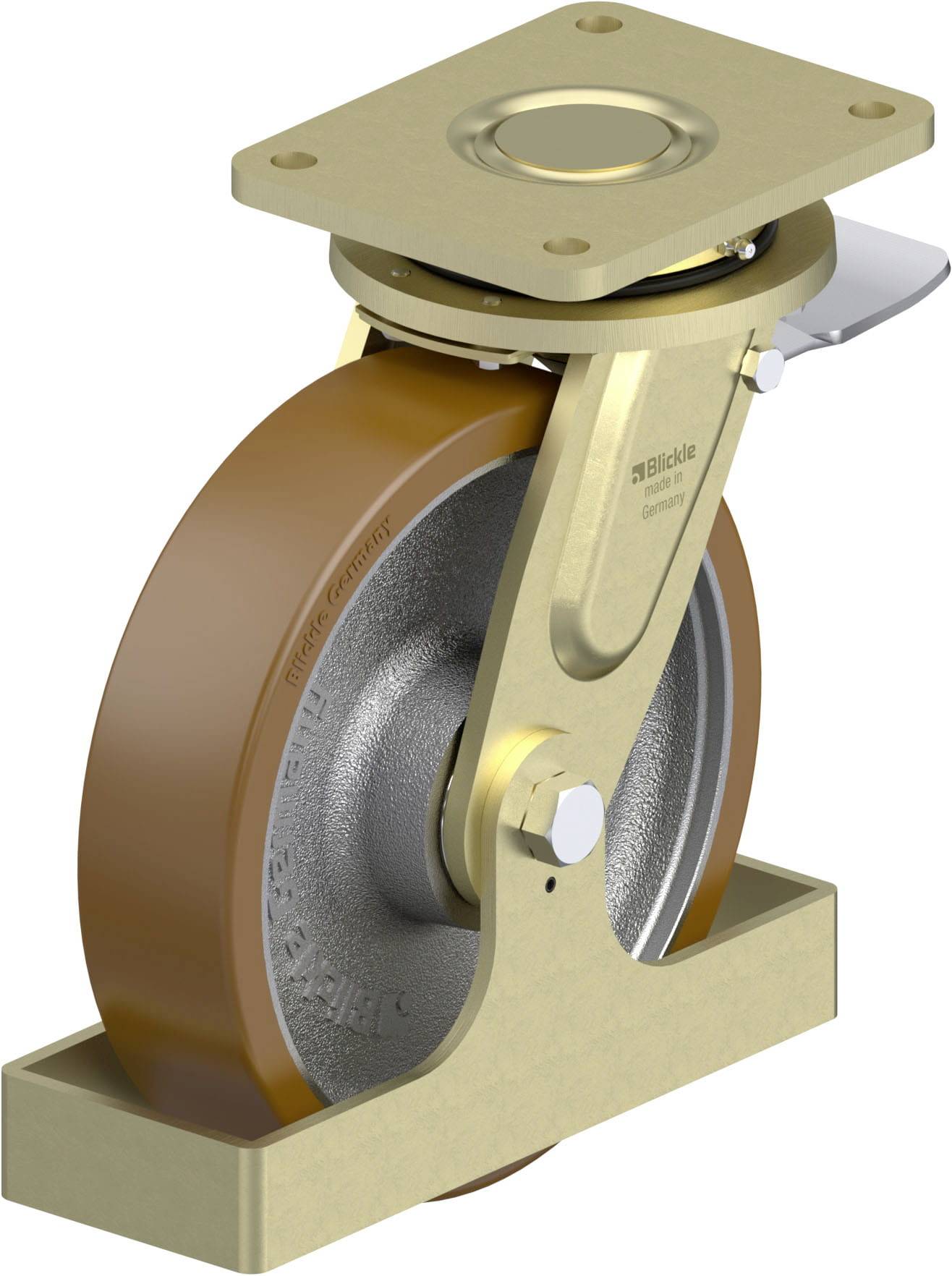 Drehbares Rad mit kräftiger Metallgabel und braunem Gummi-Laufbelag, zur Montage an Möbeln oder Geräten.