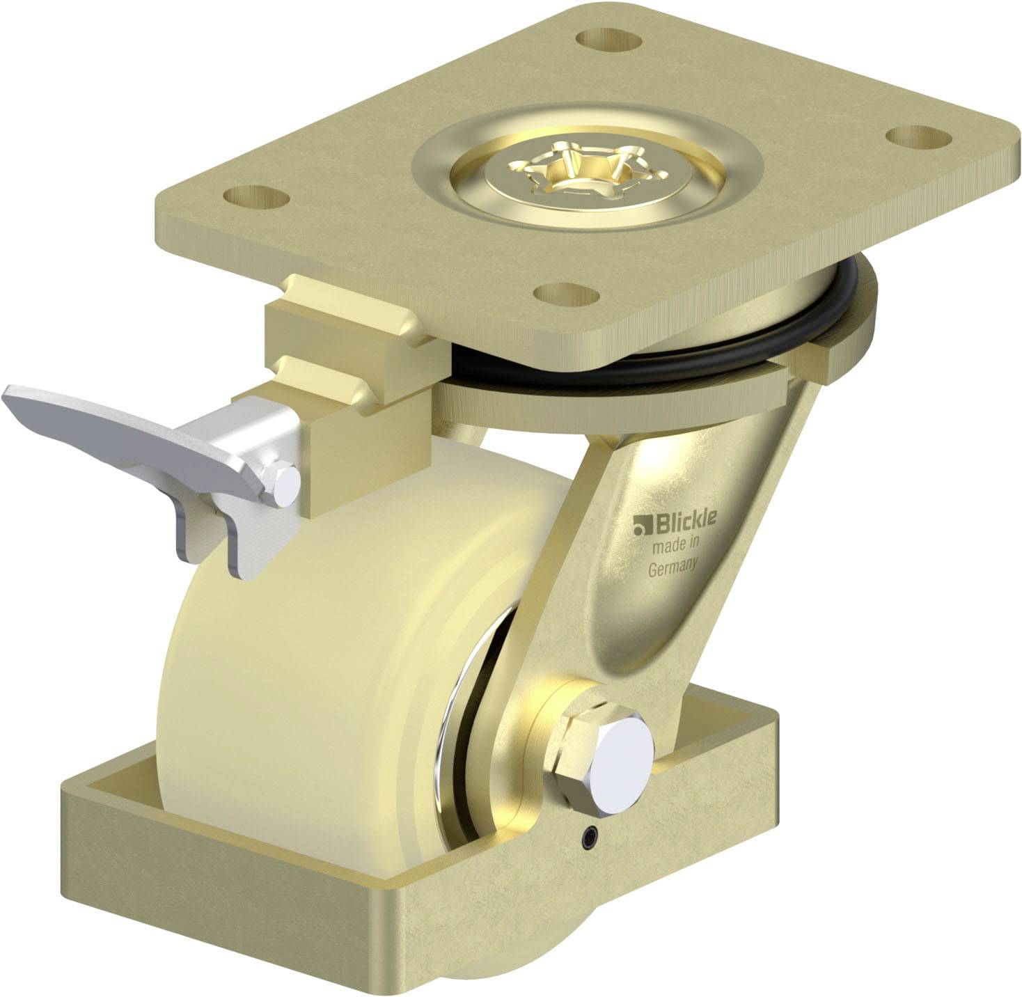 Metallrolle mit feststellbarer Bremse, goldene Halterung, rechteckige Montageplatte mit vier Löchern, Herstellername 'Blickle'.