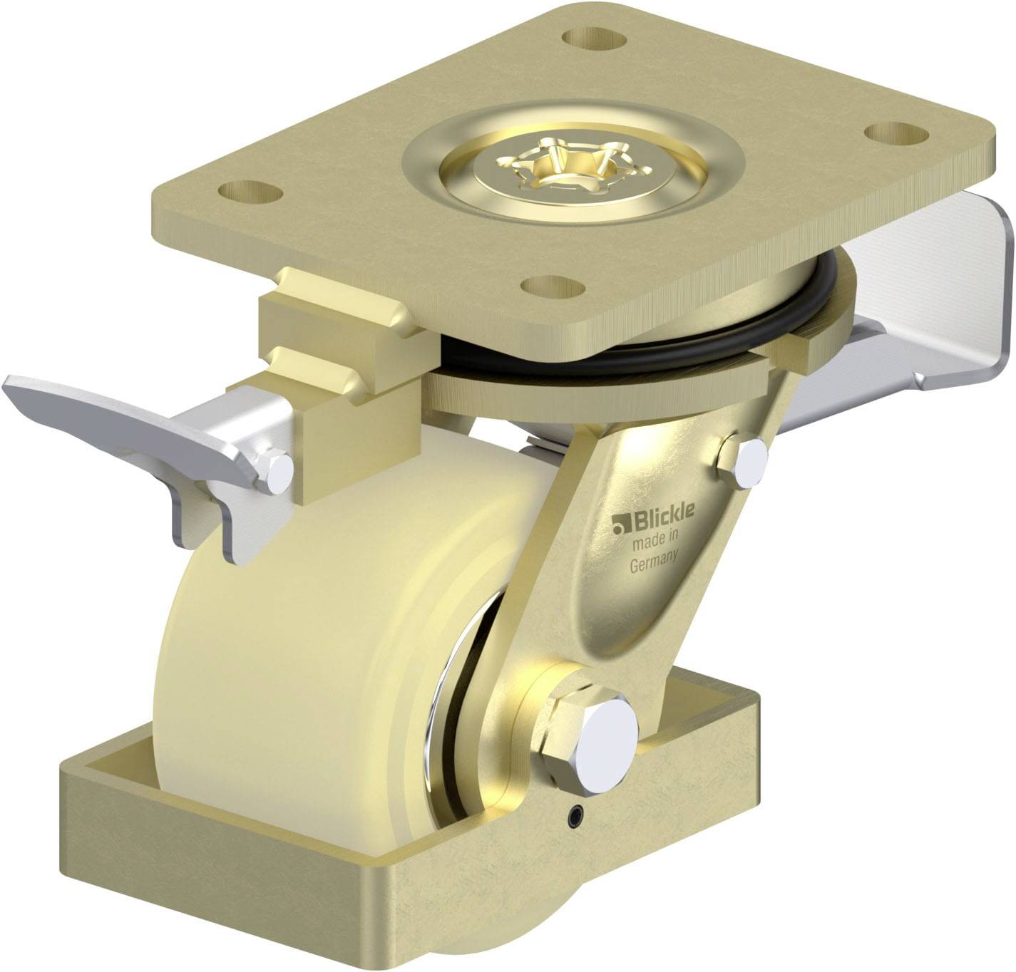 Ein schwenkbares Rad mit goldfarbener Metallhalterung und weißem Rad. Geeignet für Möbel oder schwere Geräte.
