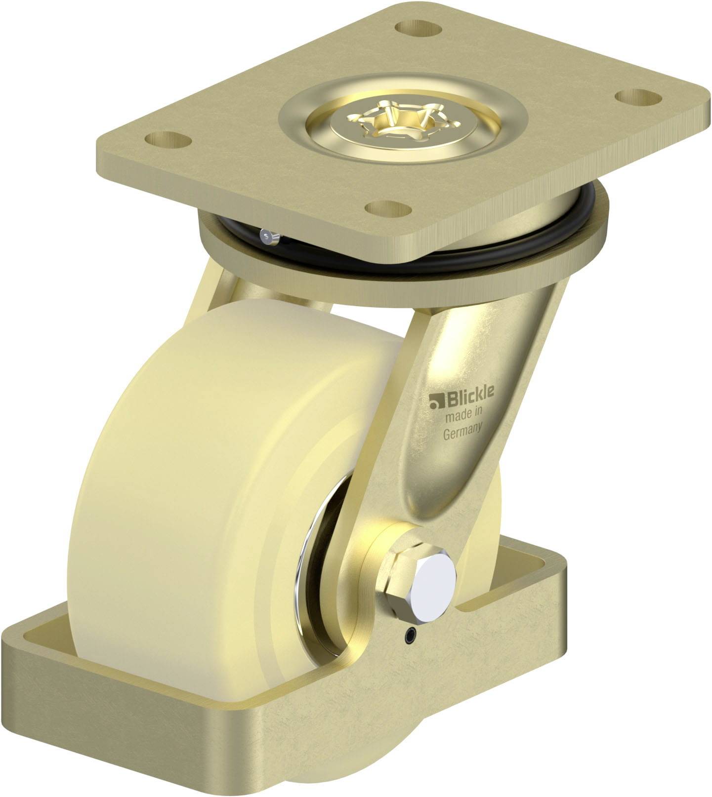 Ein drehbares, goldenes Rollenrad mit rechteckiger Montageplatte, geeignet für Möbel, in Beige und Metall.