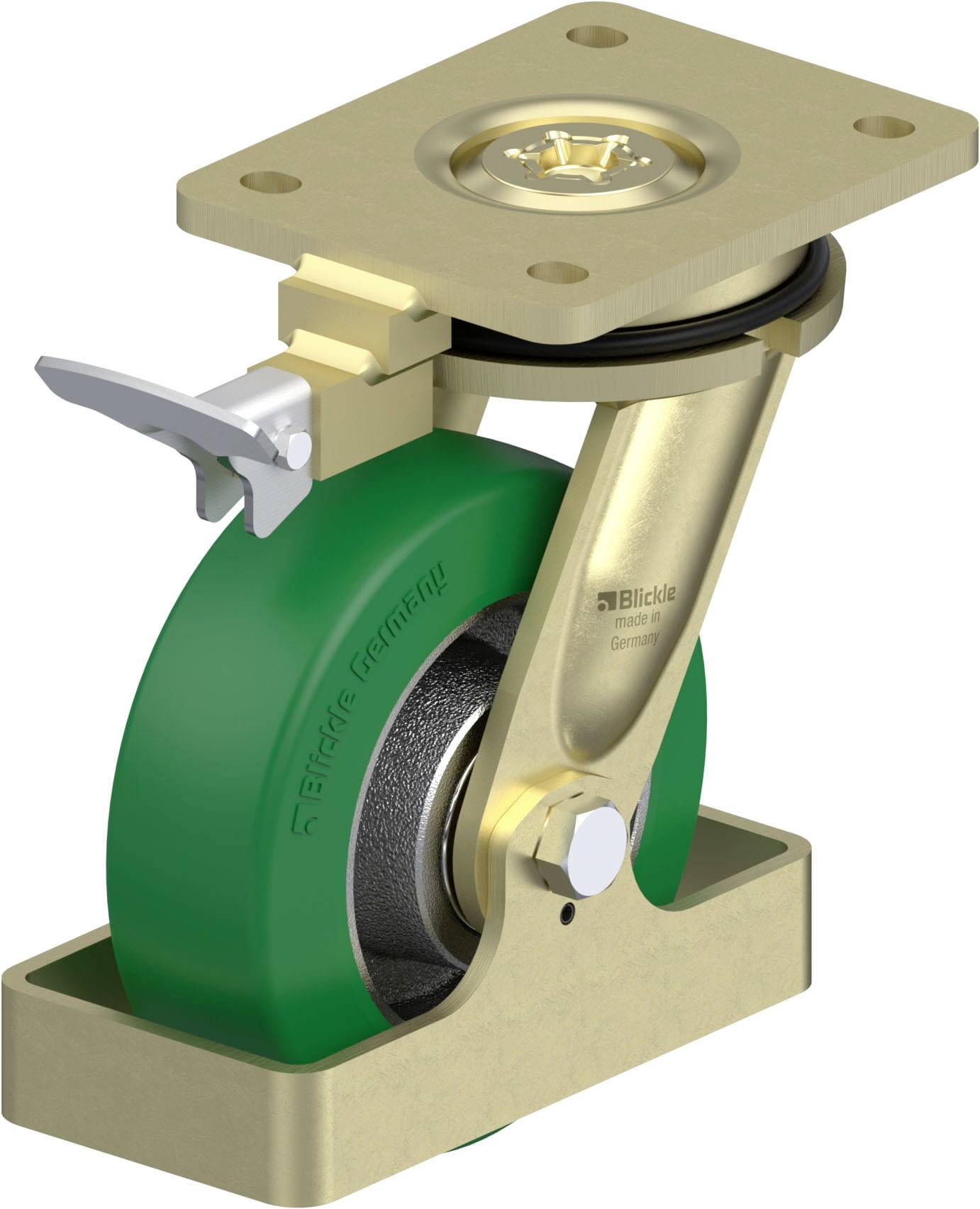 Hochwertige Schwenkrolle mit grünem Rad und Goldgehäuse, geeignet für schwere Lasten. Enthält Feststellbremse und stabiles Montageplatte.
