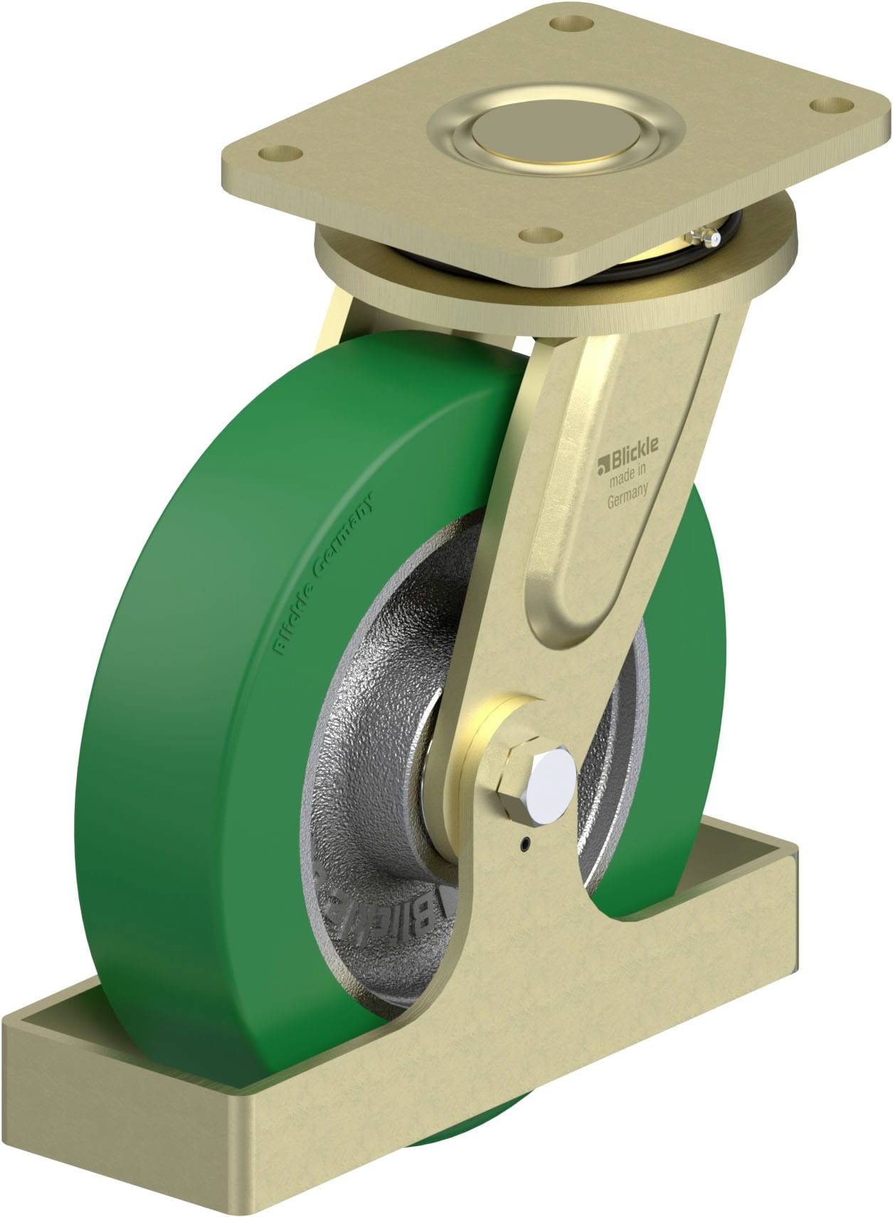 Ein Schwerlast-Lenkrolle mit grünem Rad und goldener Halterung, geeignet für industrielle Anwendungen, zeigt Funktion und Design.