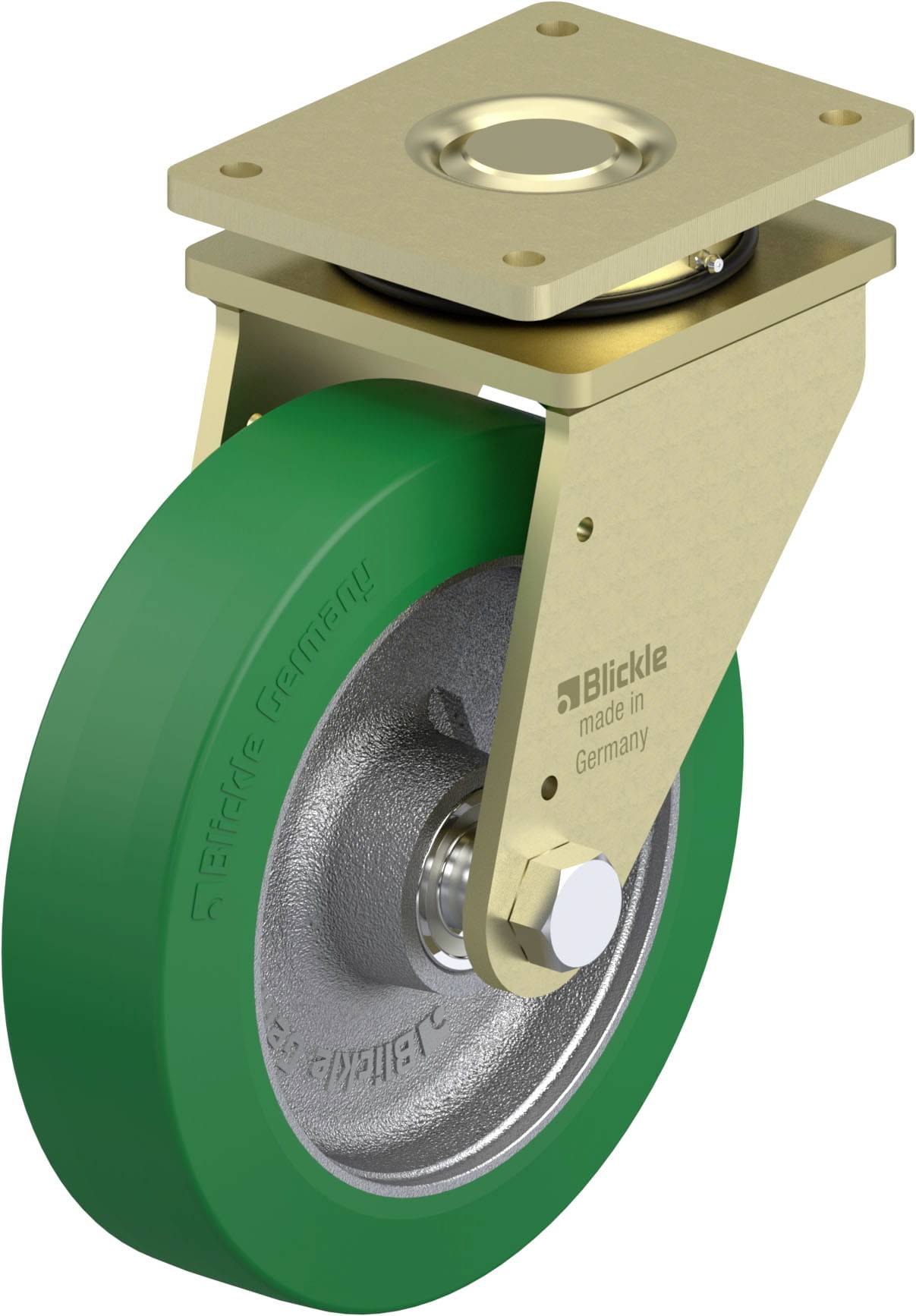 Metallrad mit grüner Gummibeschichtung und gelbem Gehäuse, beschriftet mit 'Blickle made in Germany'.