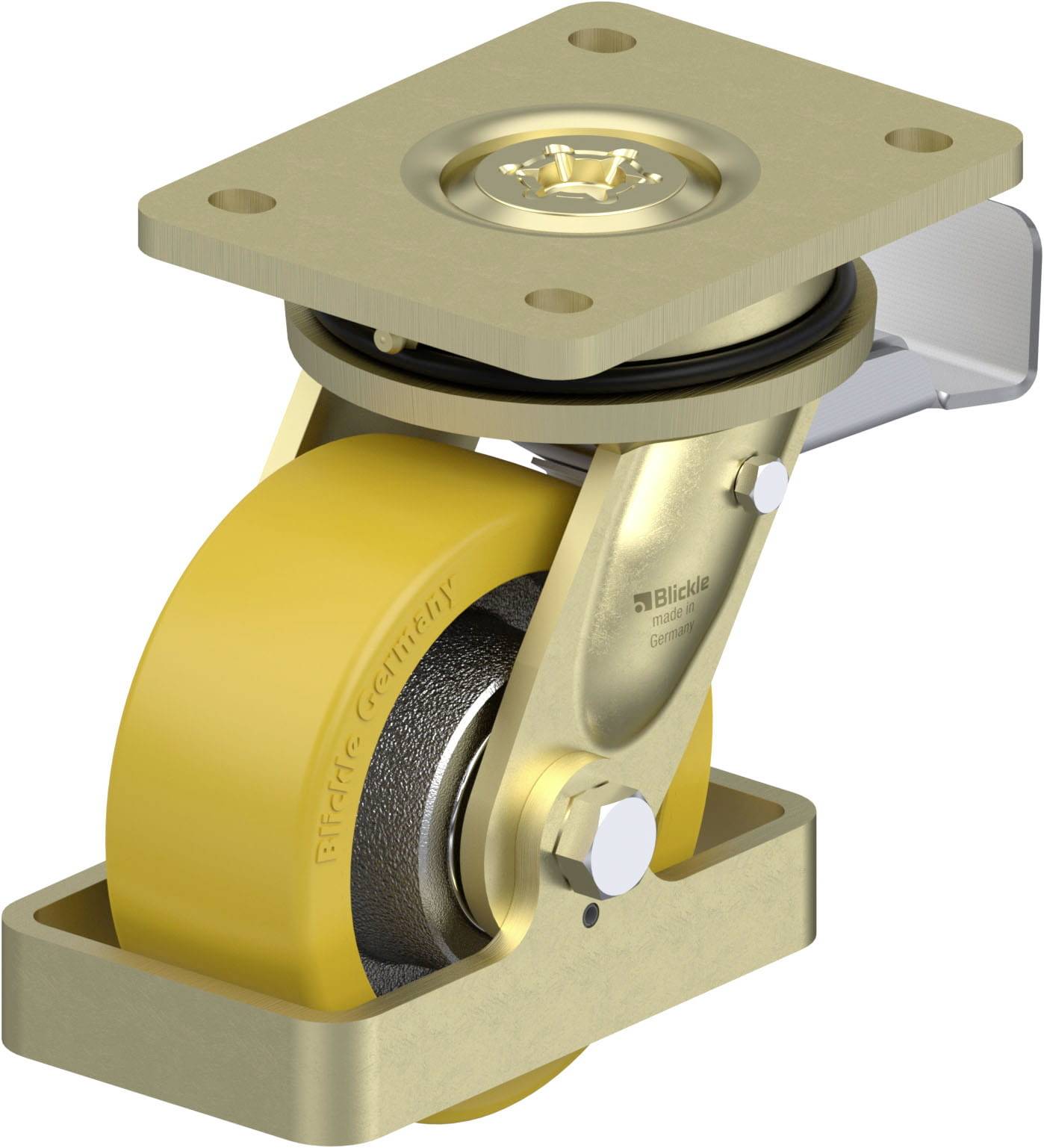 Eine goldene drehbare Schwerlastrolle mit gelbem Rad und Befestigungselementen, geeignet für den industriellen Einsatz.
