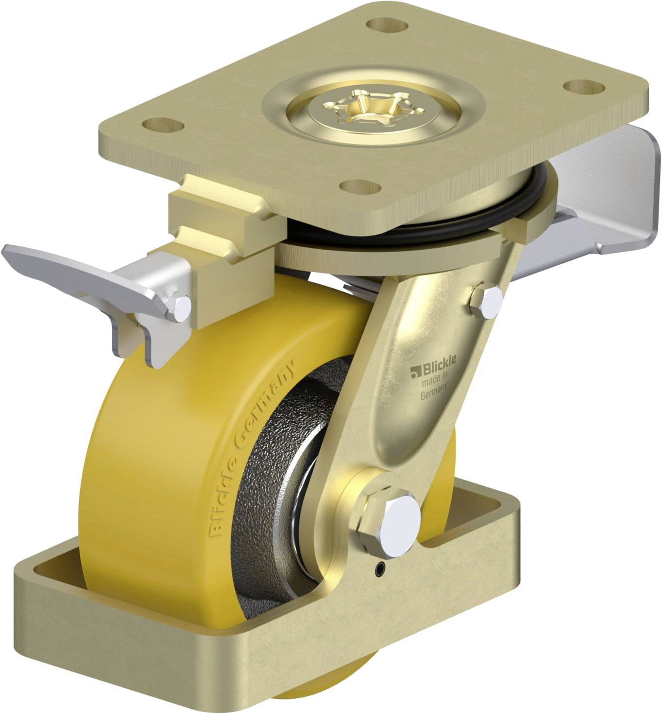 Rolle mit gelbem Rad und Metallgehäuse, befestigt an einer quadratischen Metallplatte. Verwendet für den Transport oder die Bewegung schwerer Objekte.