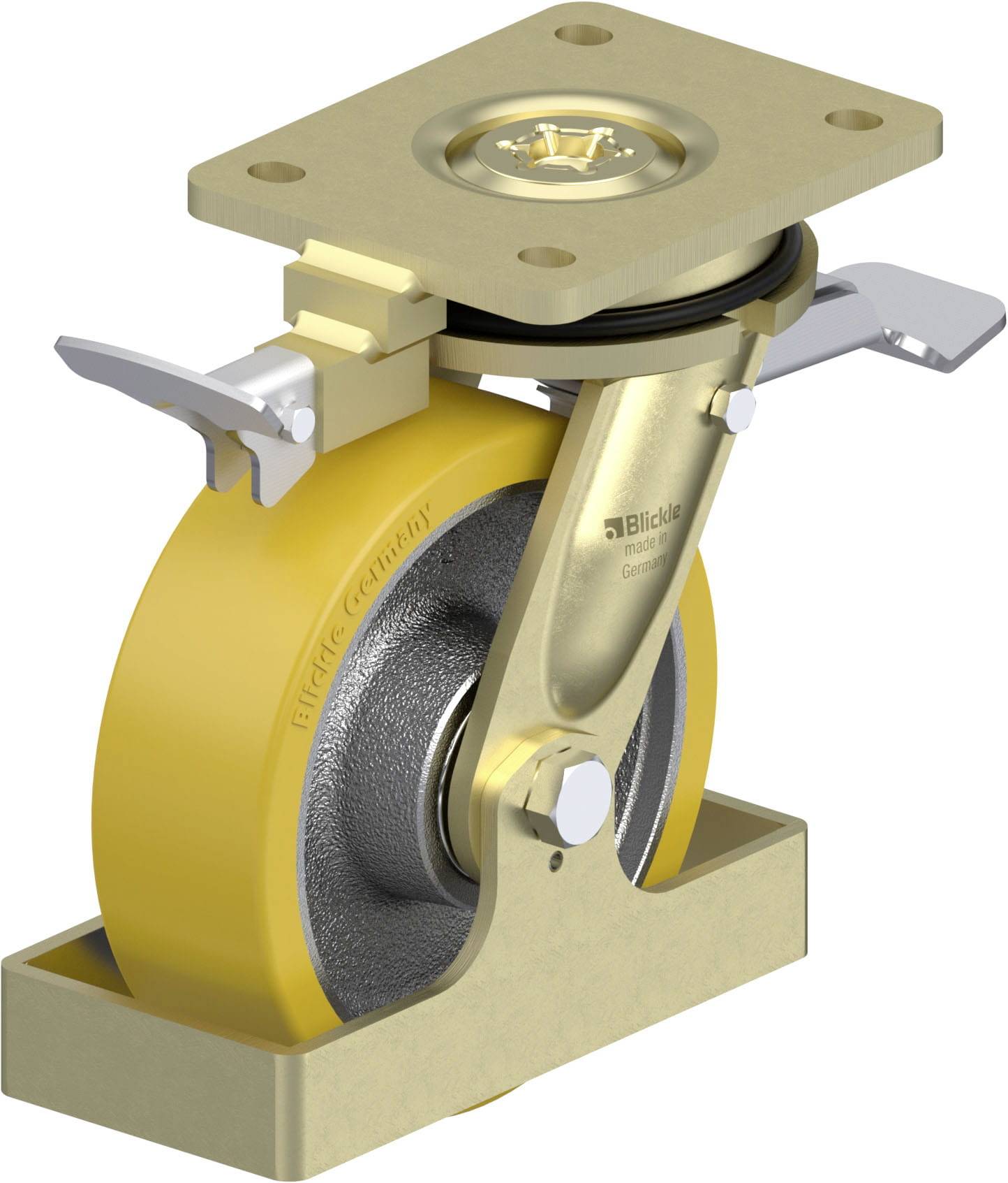 Schwenkrolle mit gelbem Rad, stabiler Metallhalterung und Bremse, geeignet für schwere Lasten.