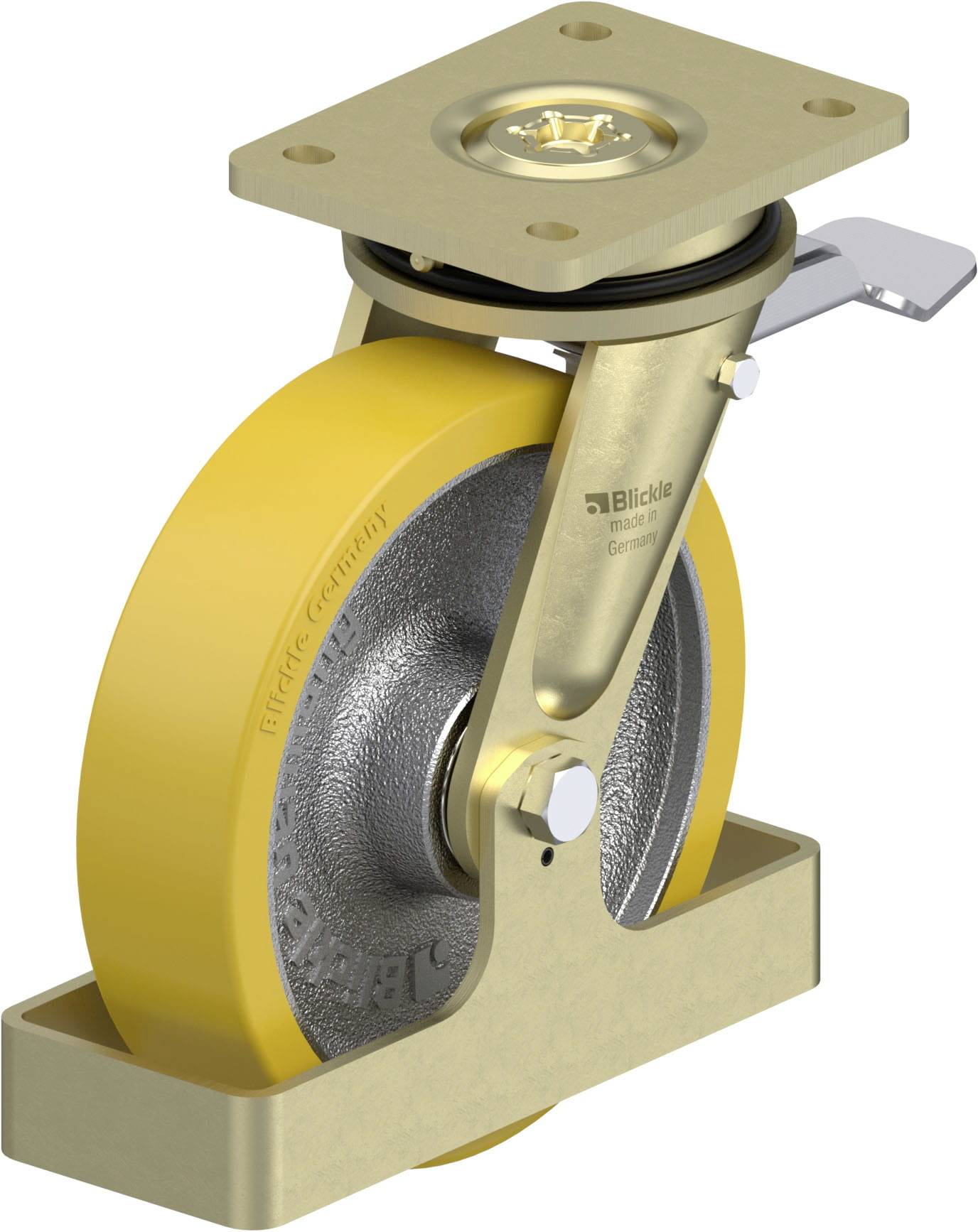 Das Bild zeigt ein goldenes Lenkrollenrad mit gelbem Gummirand und montiertem Drehgelenk, geeignet für industrielle Anwendungen.