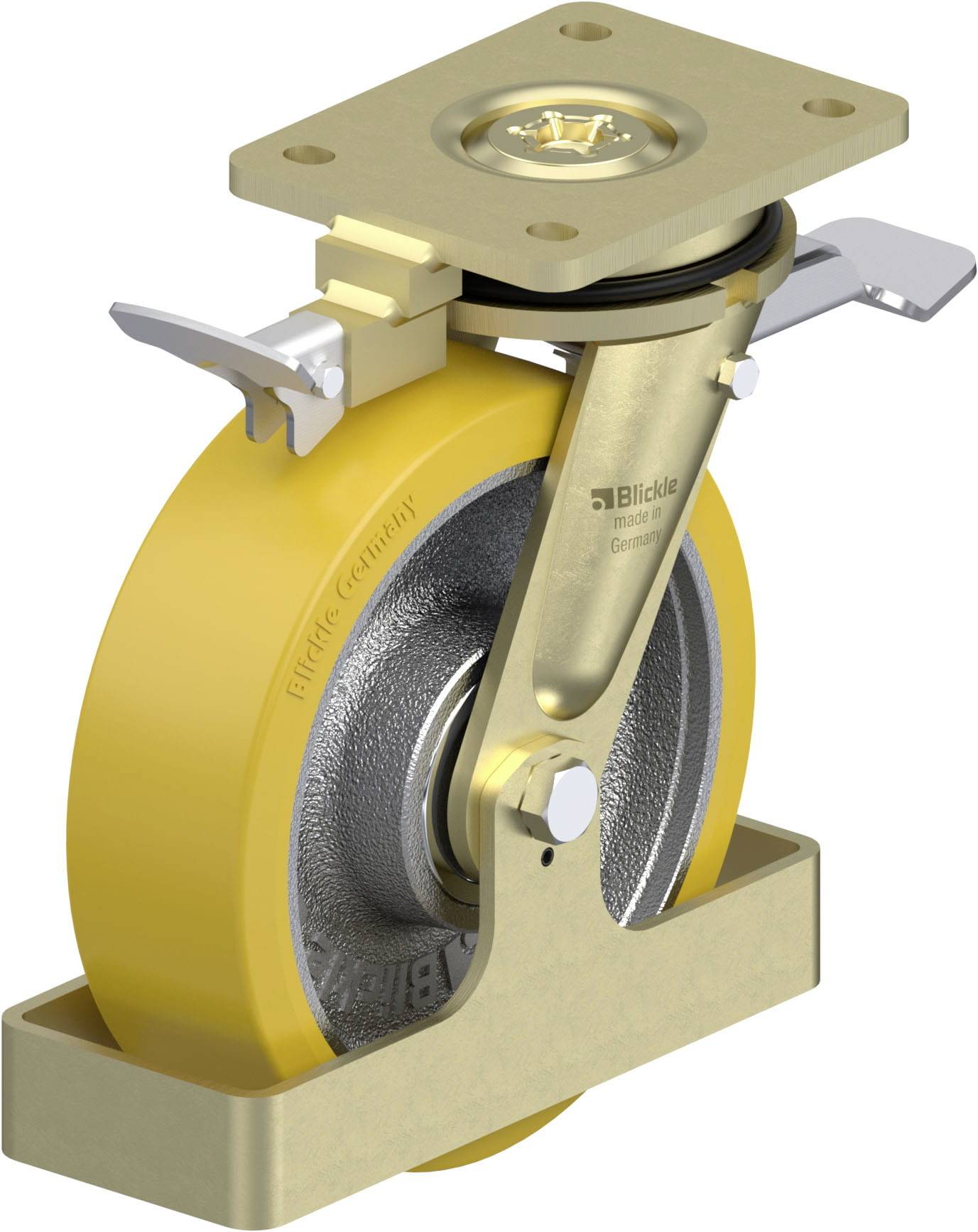 Industrie-Rollenrad, gelb und golden, mit schwerem Metallrahmen und Bremsvorrichtung, für schwere Maschinenbefestigung geeignet.