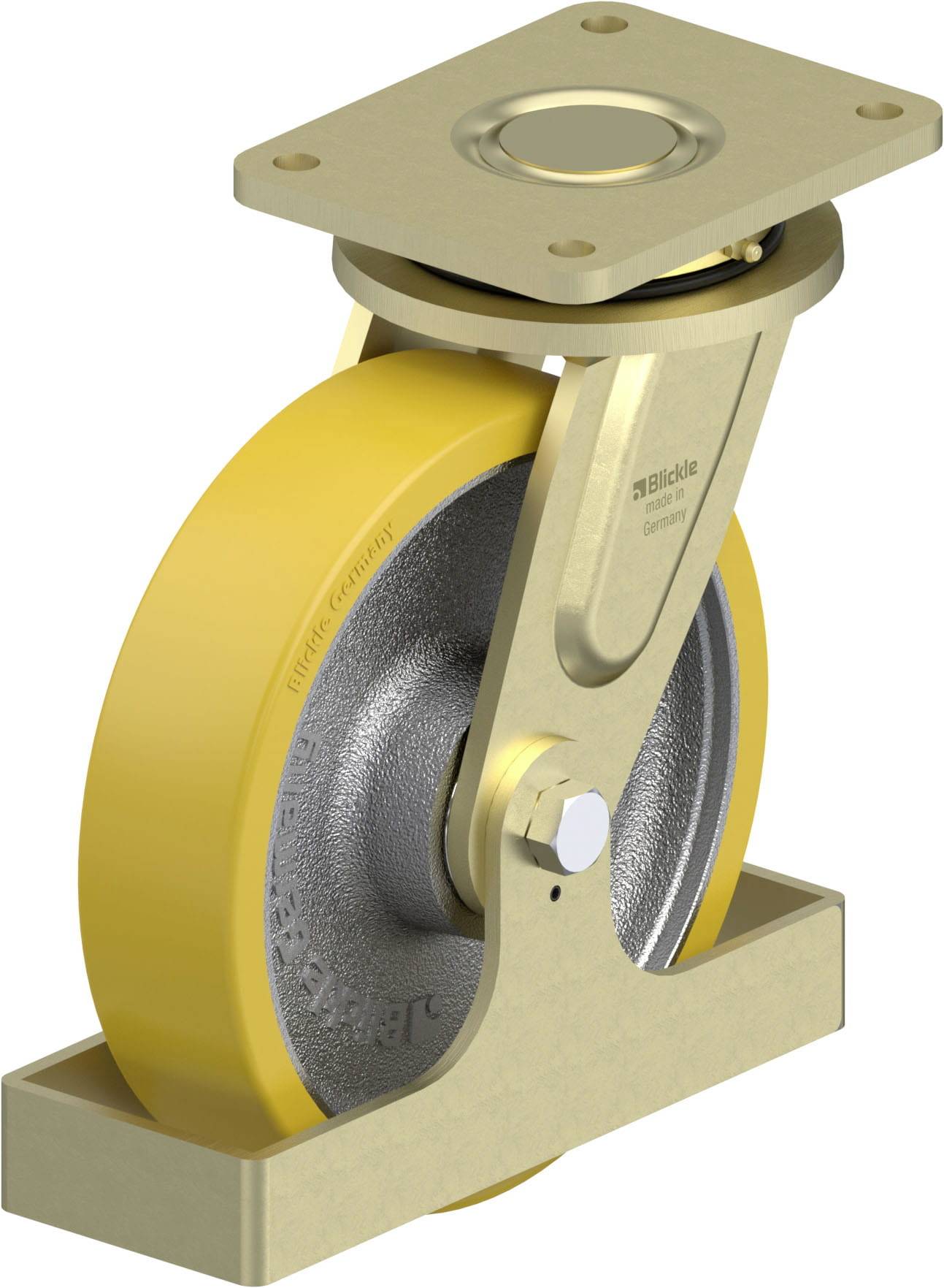 Industrielles Rollenrad aus Metall mit gelben Gummi, geeignet für schwere Lasten, montiert auf einer quadratischen Basisplatte.