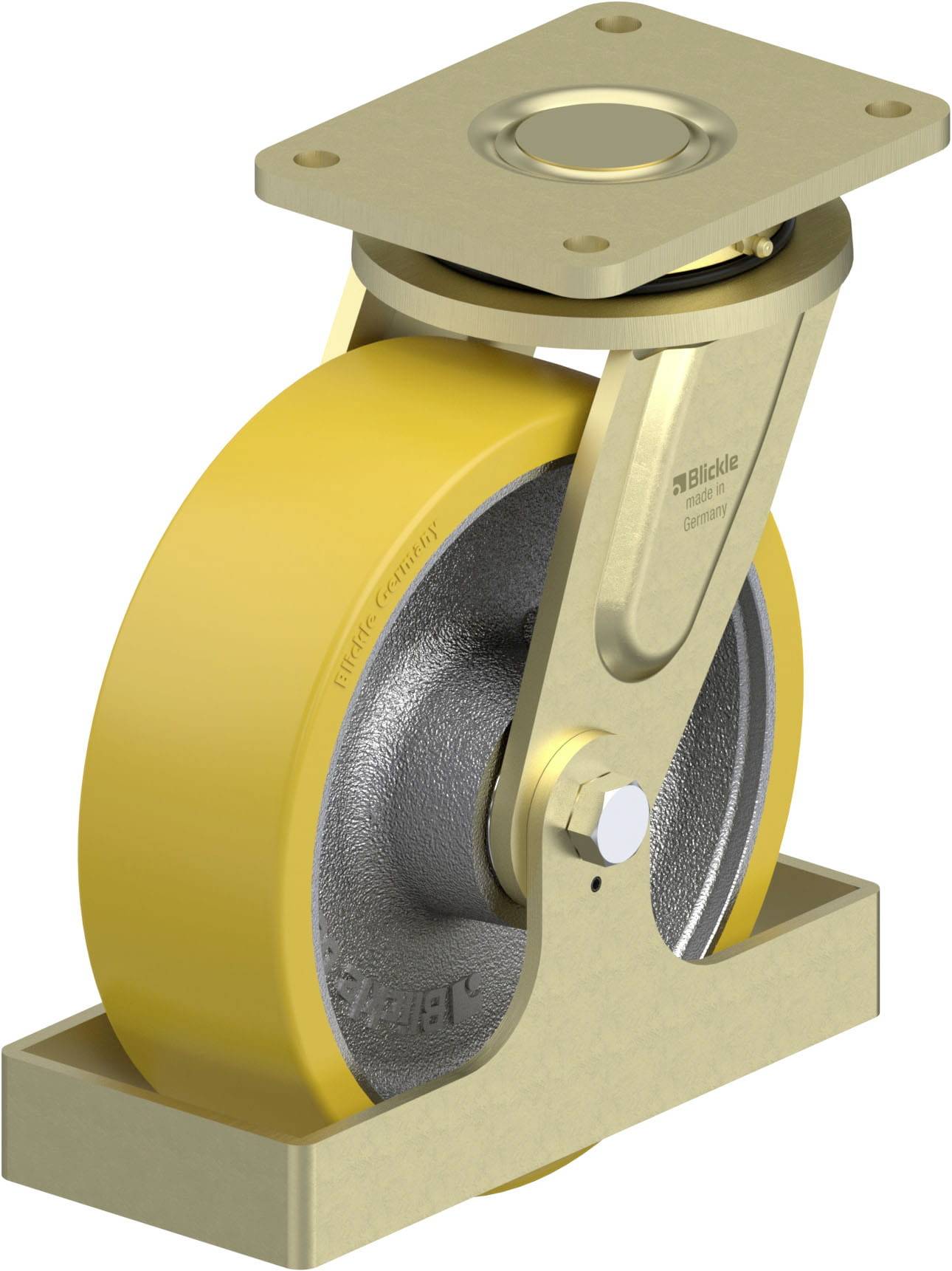 Gelbes Lenkrolle-Industrie-Rad mit Metallgabel, geeignet für schwere Lasten, zeigt ein robustes Design für industrielle Anwendungen.