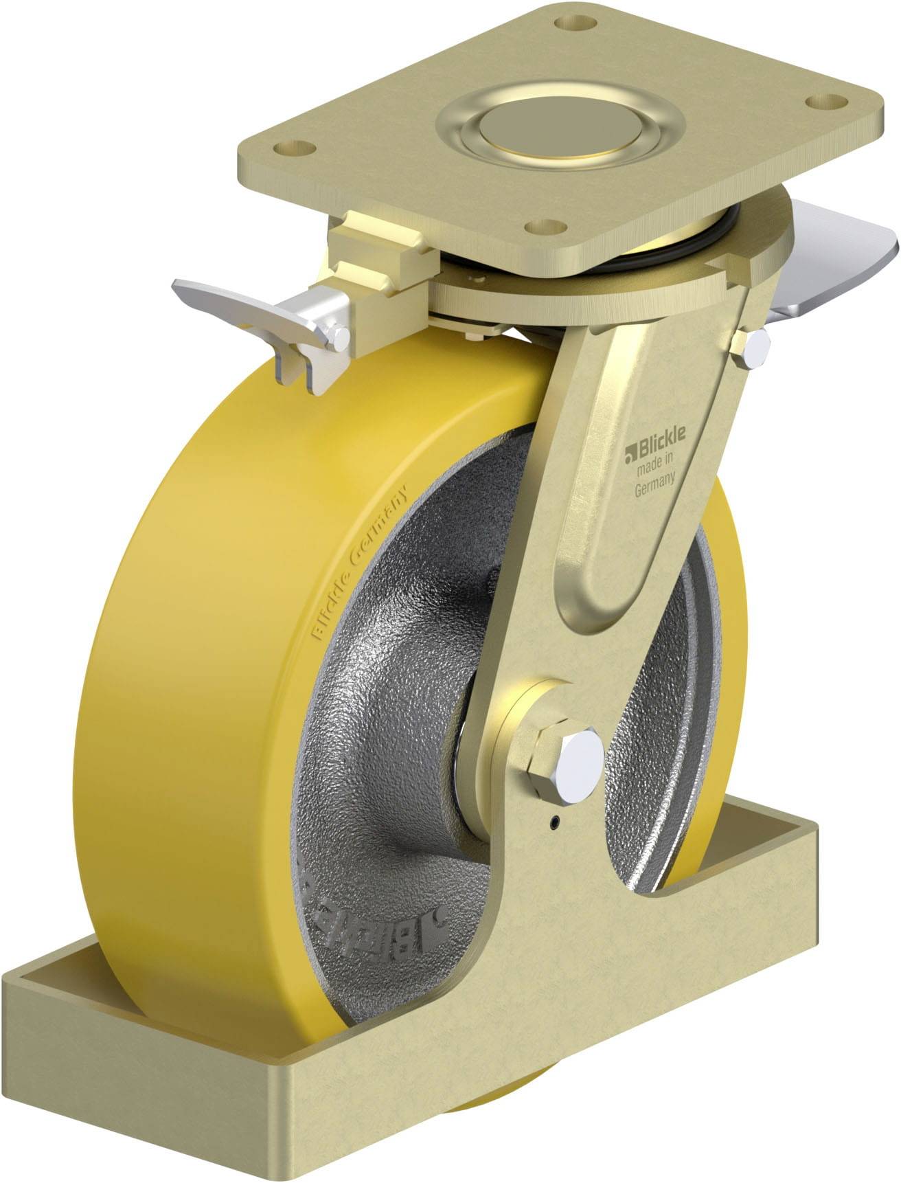 Industrie-Rolle mit gelbem Rad und goldfarbenem Gehäuse, geeignet für schwere Lasten. Drehbar und mit einer Bremse ausgestattet.
