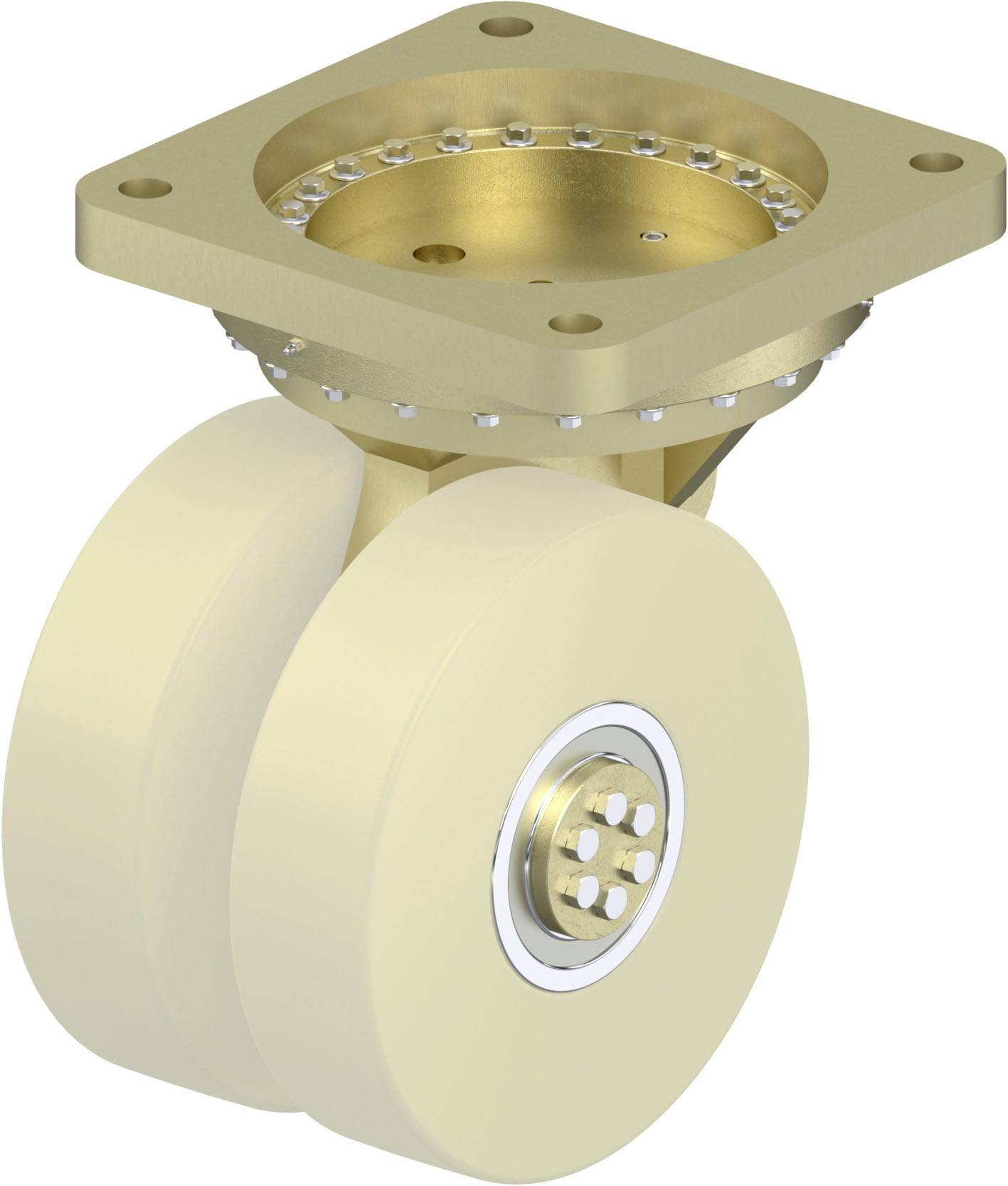 Industrierad mit doppeltem Rad aus Kunststoff, oben mit quadratischer metallischer Halterung, geeignet für Maschinen oder Möbel.