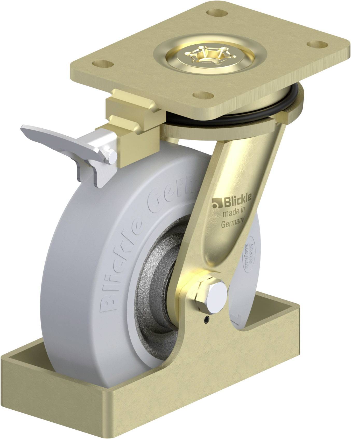 Schwenkrolle aus Metall und Kunststoff mit Bremse, für industrielle Anwendungen, robustes Design.