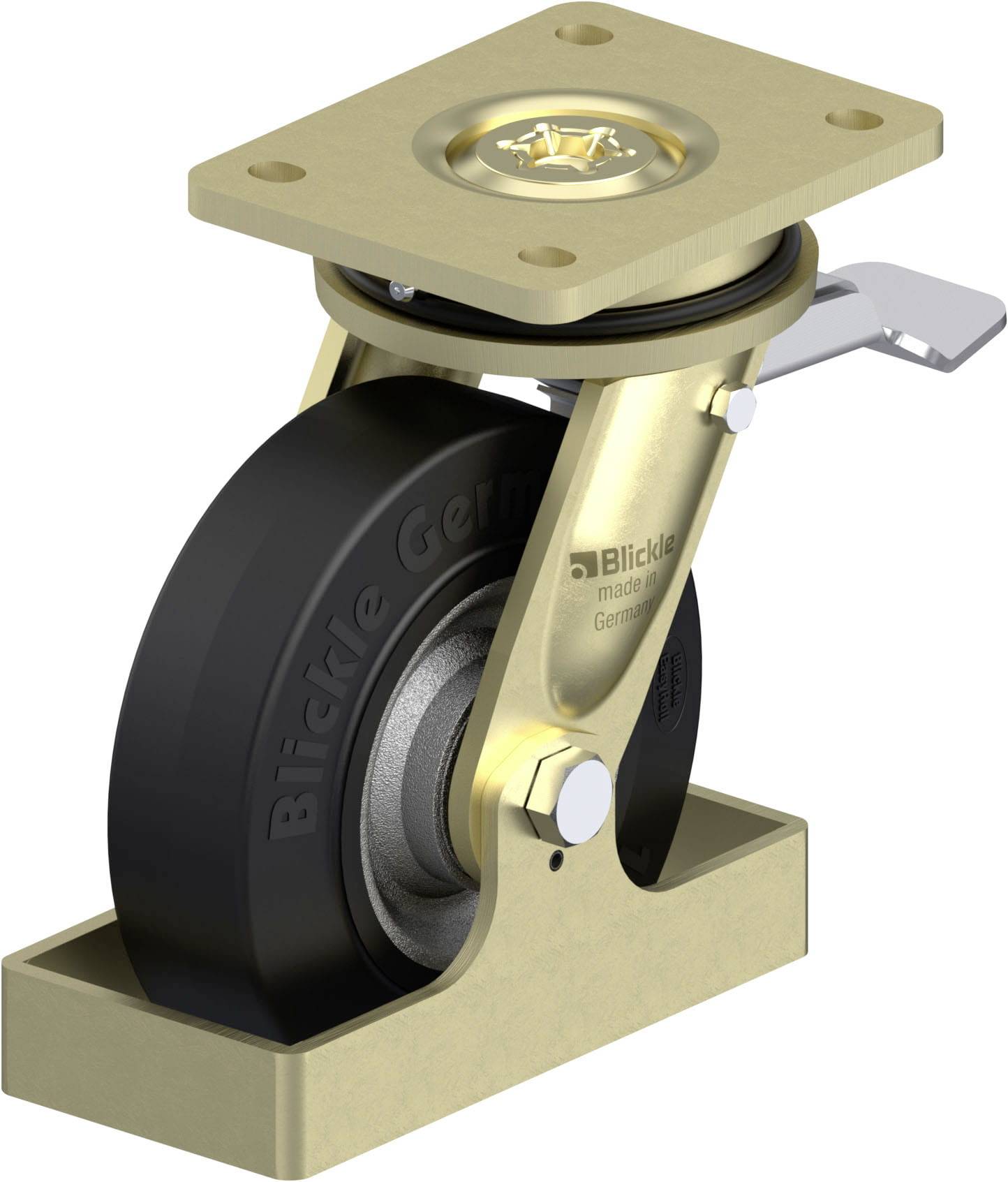 Ein Drehgelenk-Rad mit goldenem Gehäuse und schwarzem Reifen, hergestellt von Blickle Germany. Es zeigt ein robustes Design für industrielle Anwendungen.