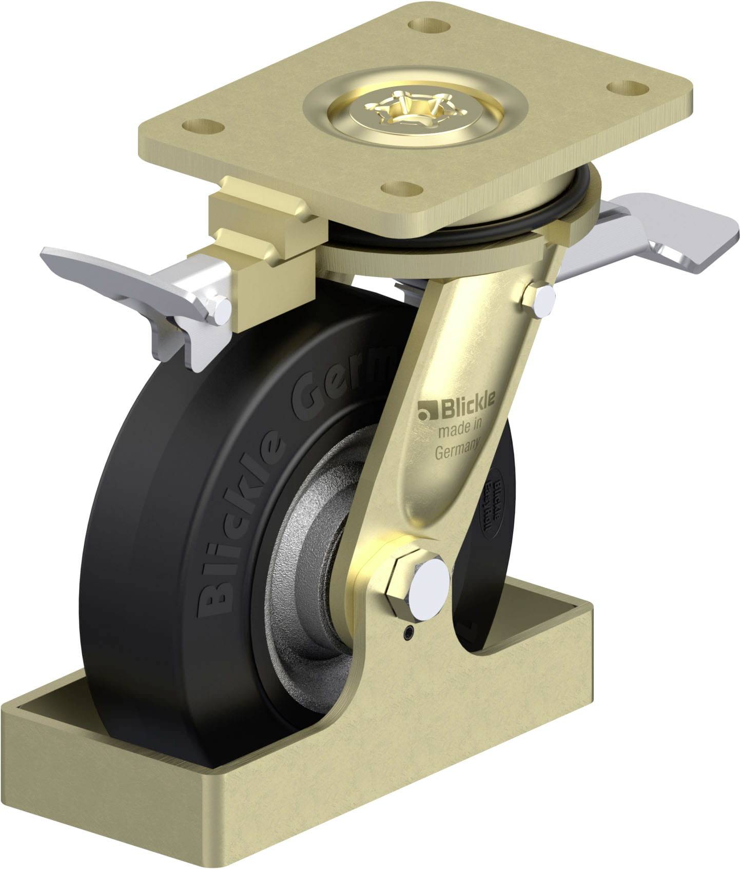 Drehbares Rad mit Bremse, montierbar. Hauptsächlich aus Metall und Gummi. Stützelemente goldfarben, Rad schwarz.