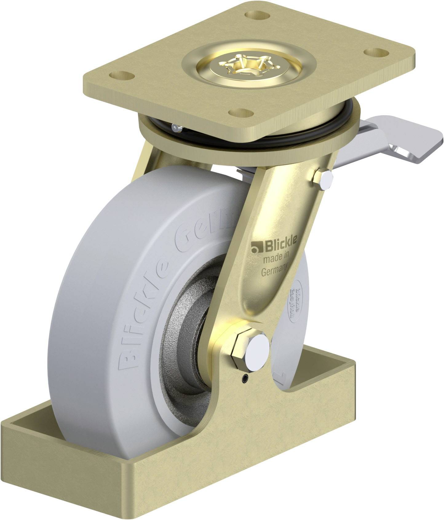 Laufrolle mit goldfarbenem Gehäuse und grauem Rad. Obere Montageplatte und Bremsmechanismus sichtbar.
