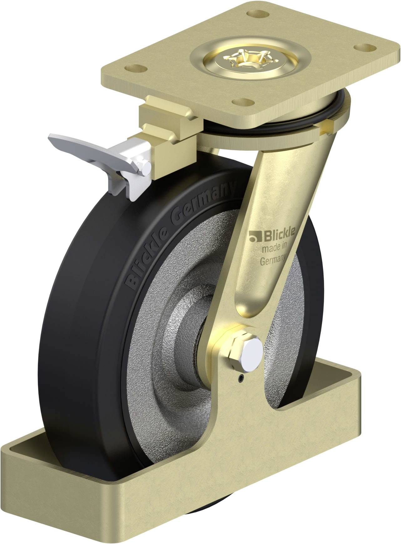 Ein gold-schwarzes Lenkrollenrad mit Feststeller, von 'Blickle Germany' hergestellt, geeignet für schwere Lasten und industrielle Anwendungen.