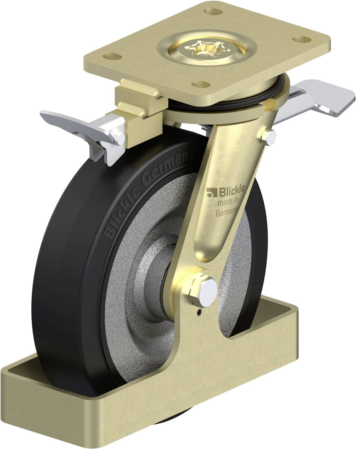 Schwenkrolle mit goldenem Gehäuse und schwarzem Rad, metallische Oberfläche. Text auf Rad: 'Blickle Germany'.