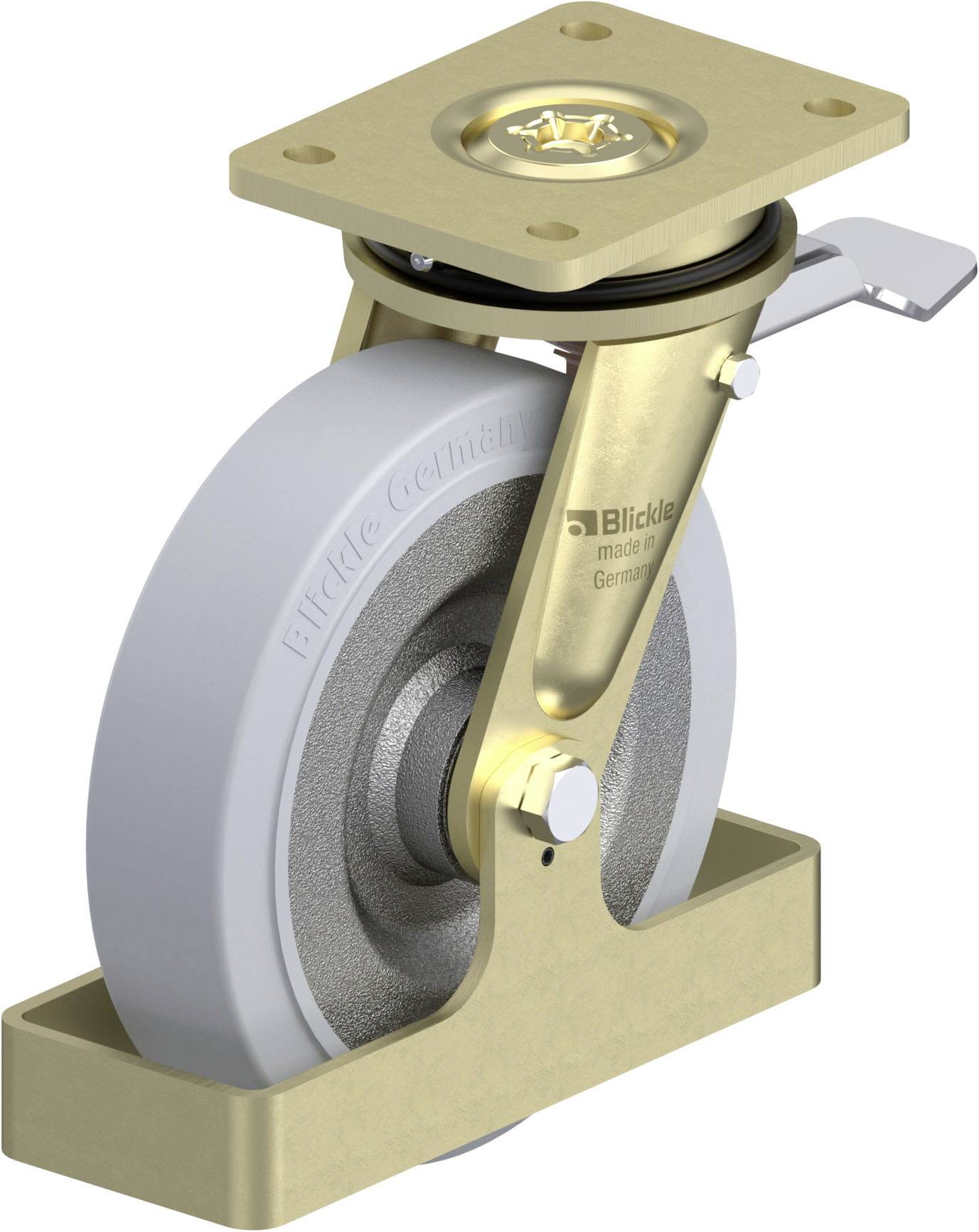 Drehbares Transport-Rad mit goldener Halterung und grauer Rolle. Markenname und 'made in Germany' sind auf der Halterung erkennbar.