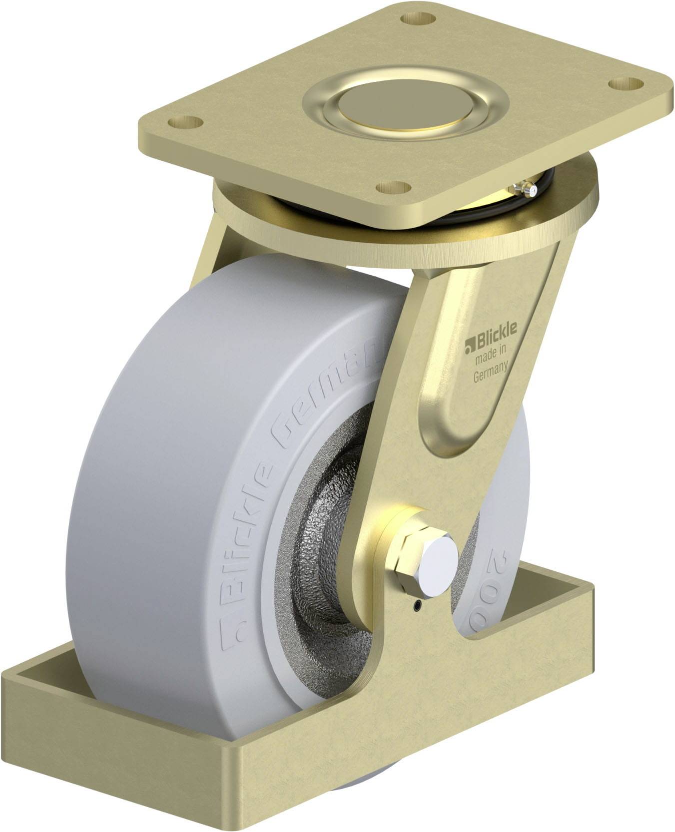 Industrie-Rolle mit Metallhalterung und grauem Gummi. Markenname und technische Details auf der Seite.