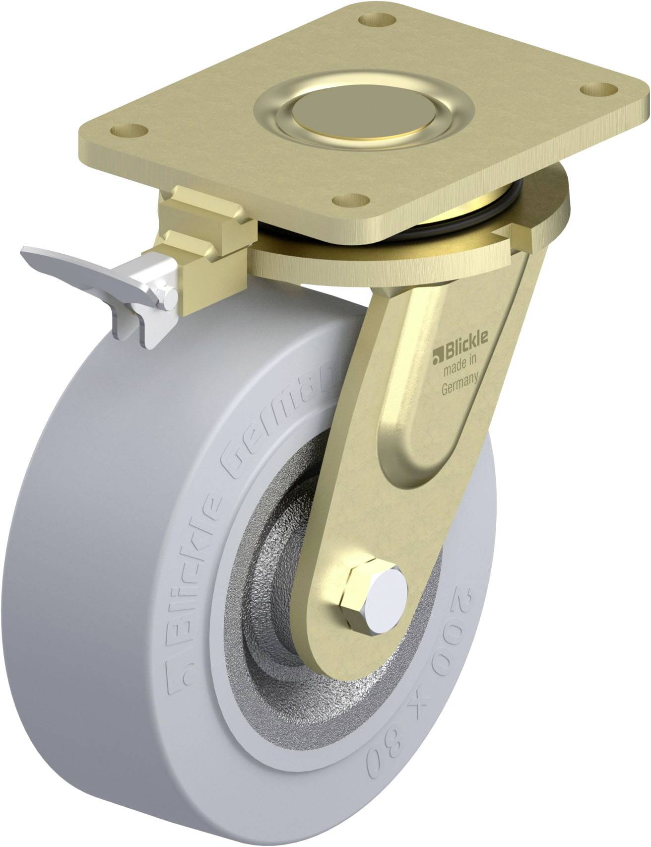 Schwenkrolle aus Metall mit grauem Rad und Montageplatte, ausgestattet mit einem Feststellermechanismus für stabile Positionierung.