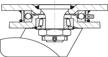 Querschnittsdiagramm eines Kugellagers, das in eine mechanische Struktur eingebaut ist. Zeigt Lageranordnung und Befestigungselemente.