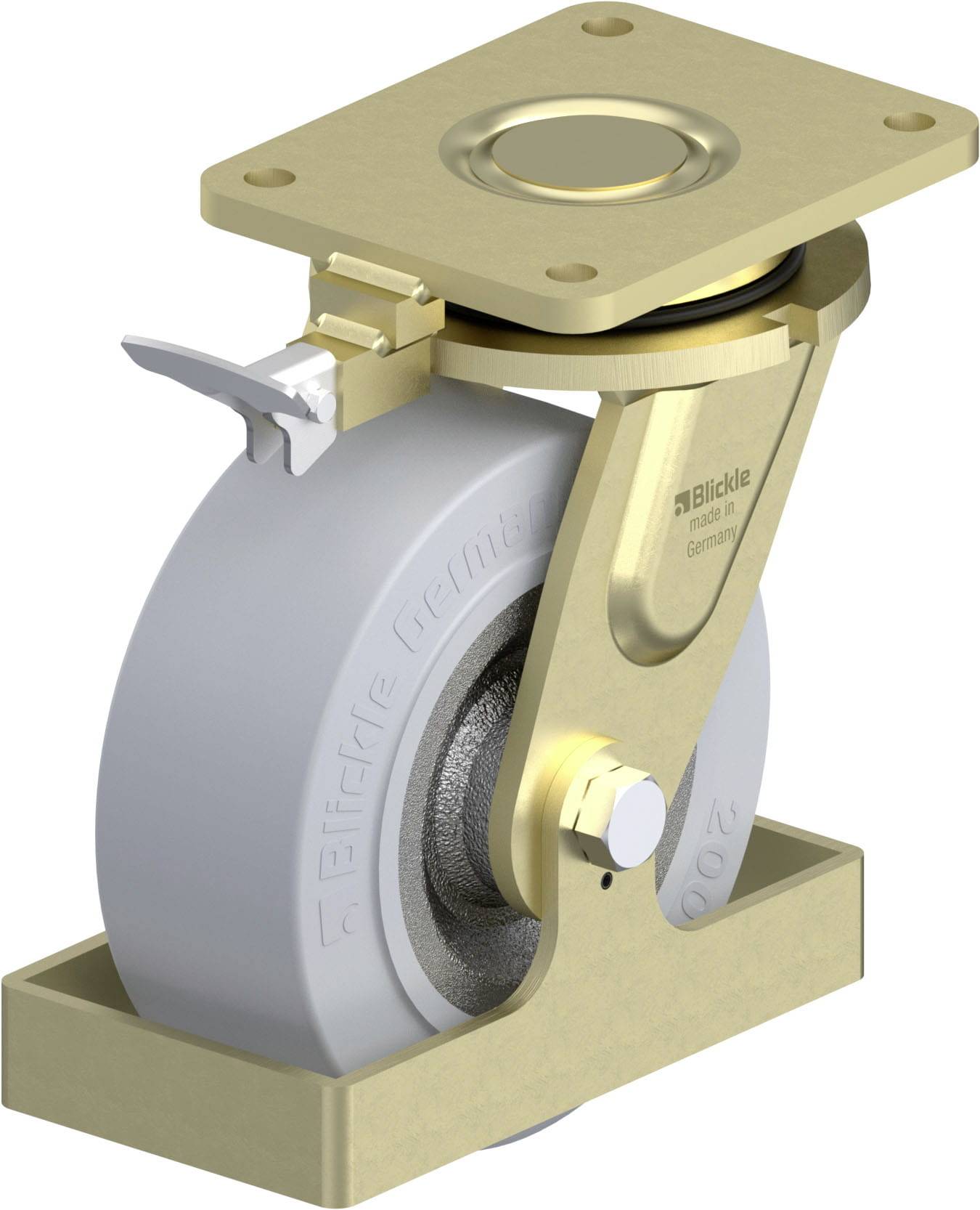 Industrie-Drehrad mit gebremstem Gelenk, grauem Rad und goldfarbenem Gehäuse. Geeignet für Maschinen oder Transportgeräte.