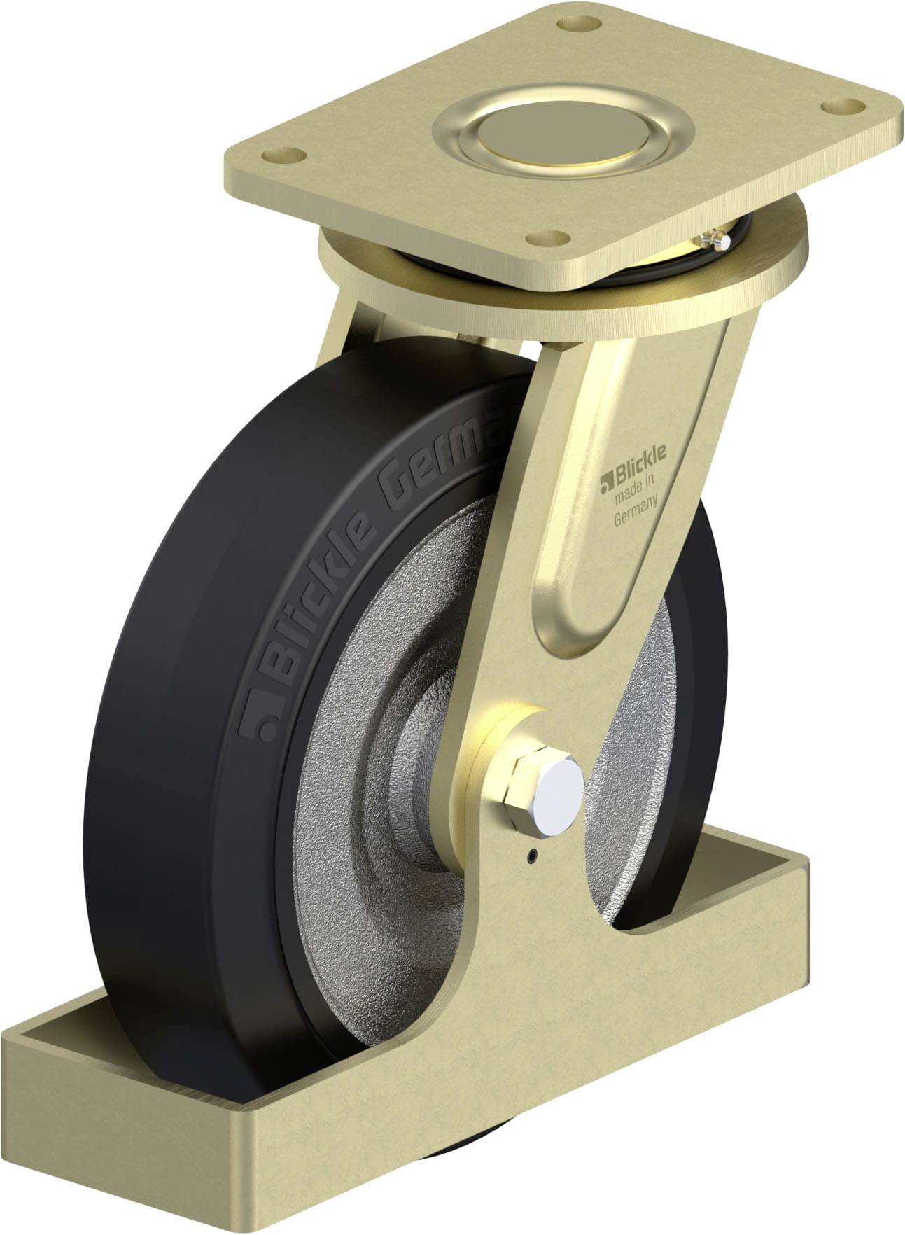 Schwerlastrolle aus Messing mit schwarzem Rad. Robust für industrielle Anwendungen, zeigt Blickle-Logo. Rolle auf rechteckiger Platte.