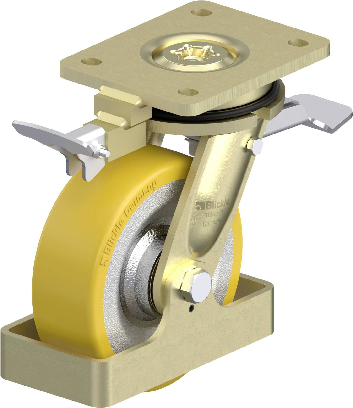 Schwenkrolle aus Metall mit gelbem Rad. Oben eine Befestigungsplatte; seitlich zwei Bremshebel. Eignet sich für Transportwagen.