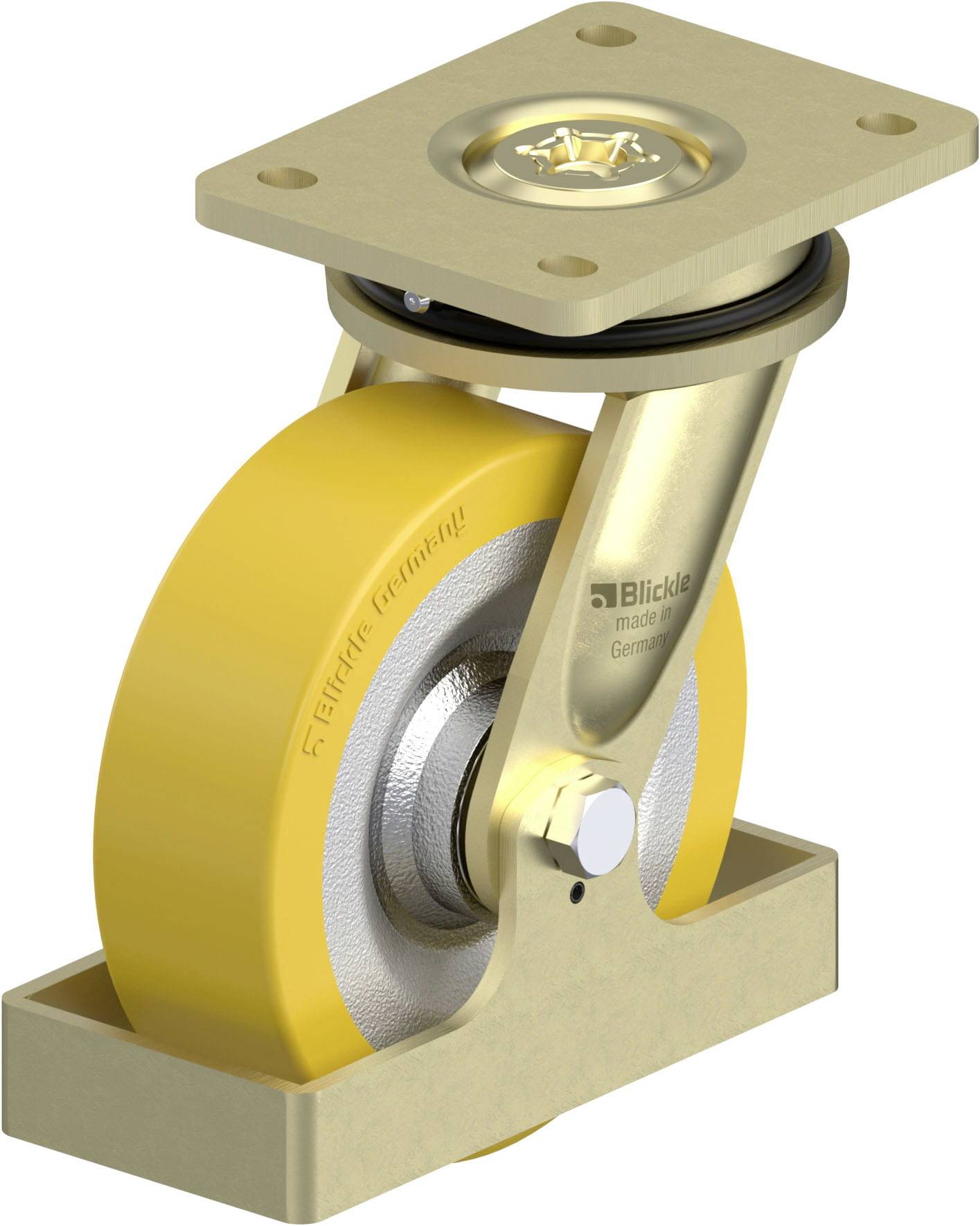 Schwenkrolle mit gelbem Rad und Metallgehäuse.