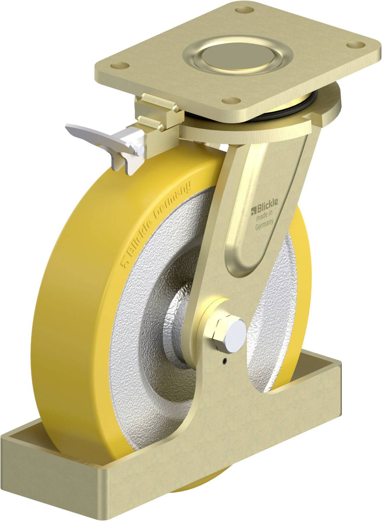 Gelbes Schwerlast-Lenkrollenrad mit Bremse und Befestigungsplatte, geeignet für industrielle Anwendungen und schwere Lasten.