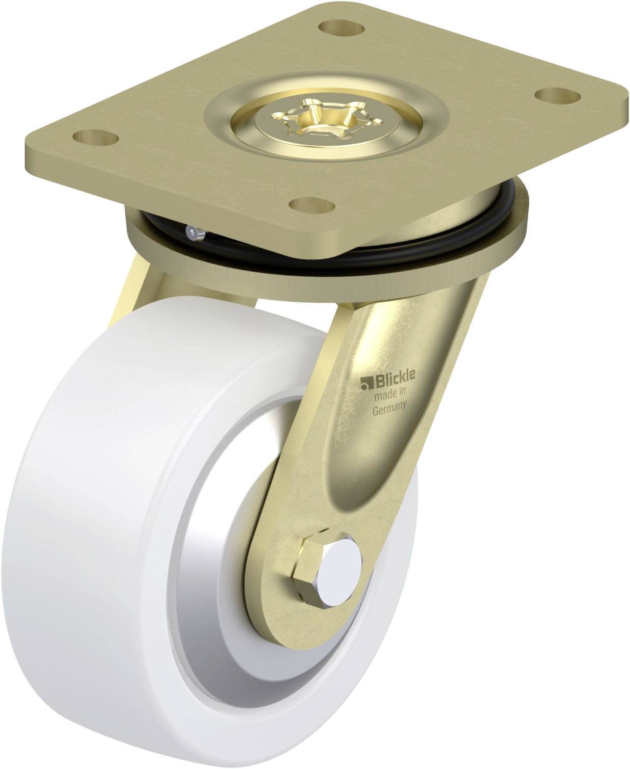 Schwenkrolle mit quadratischer Befestigungsplatte. Die Rolle ist aus weißem Kunststoff, das Gehäuse aus goldfarbenem Metall.