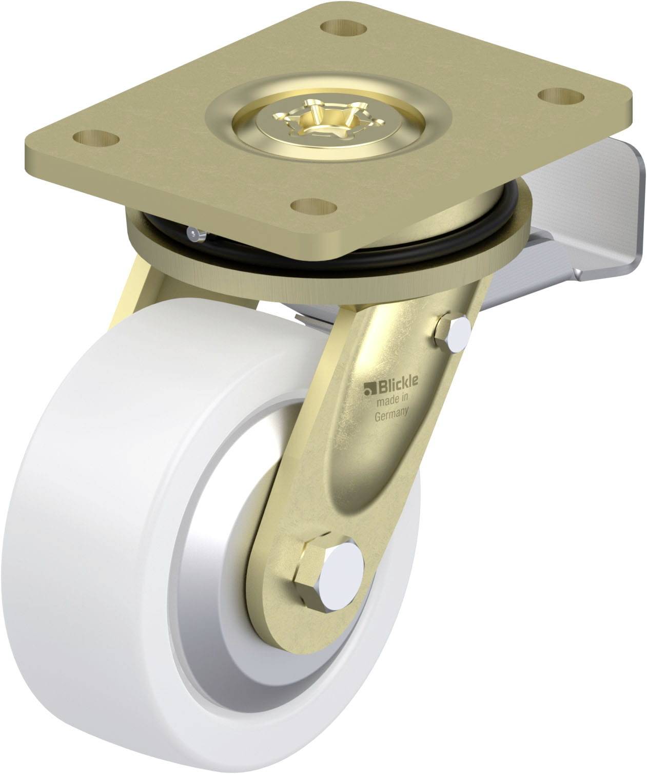 Industrie-Lenkrolle mit Metallhalterung und weißem Rad, geeignet für schwere Lasten, dargestellt in einer seitlichen Ansicht.