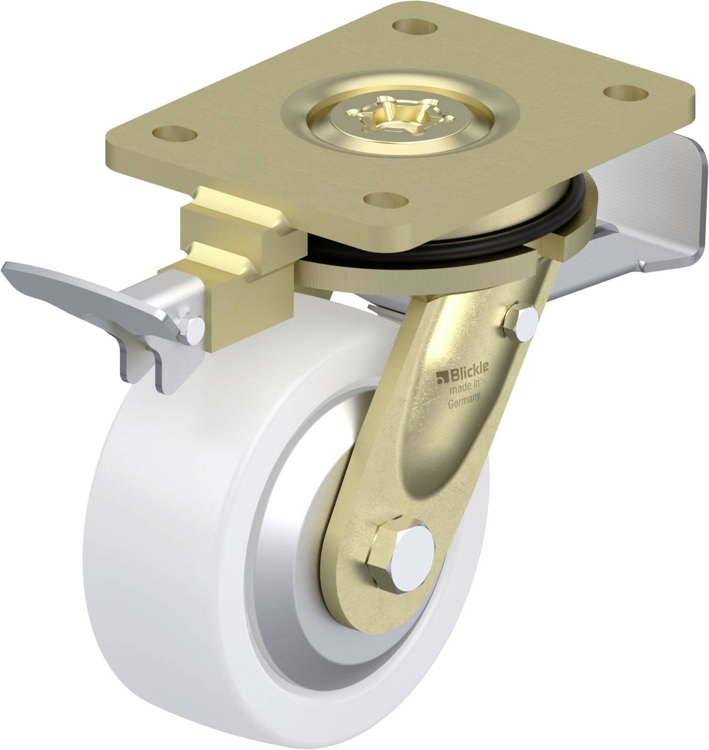 Industrie-Rolle mit arretierbarem Gehäuse und weißem Rad, seitlicher Bremshebel zu sehen, für schwere Lasten geeignet.