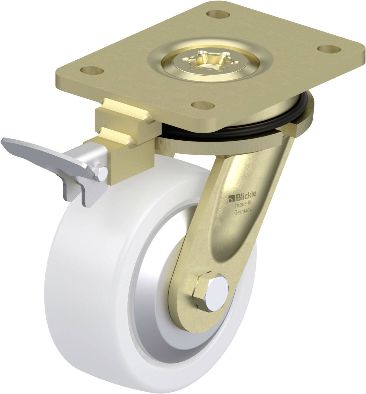 Rolle mit Halterung, kugelgelagert und drehbar, aus Metall mit weißem Rad. Hebel zur Feststellung, geeignet für Möbel oder Transportgeräte.