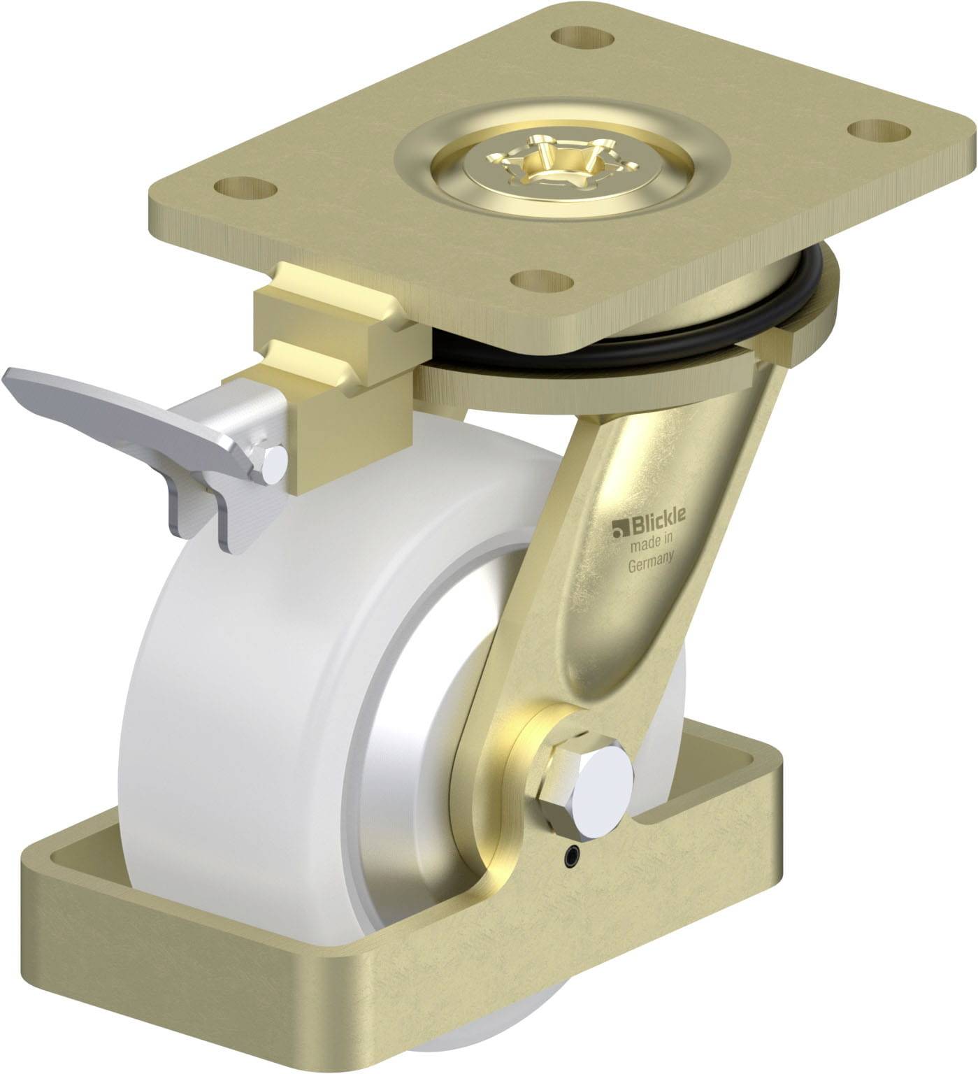 Kastor mit goldener Halterung, weißem Rad und Feststeller. Geeignet für Möbel- oder Gerätebewegung. Rechteckige Montageplatte.